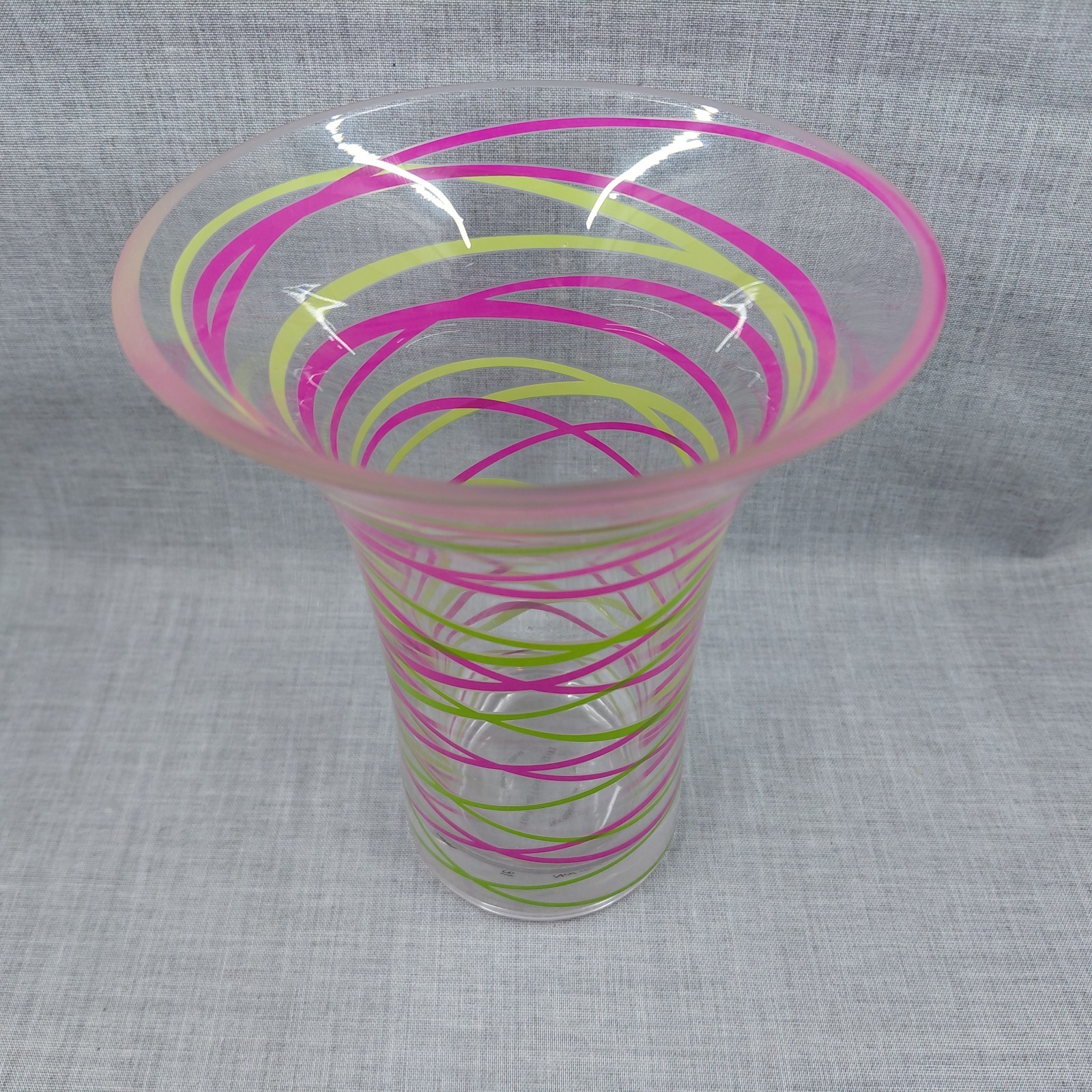 Clear Glass Swirled Vase with Pink & Green And Flared Top 