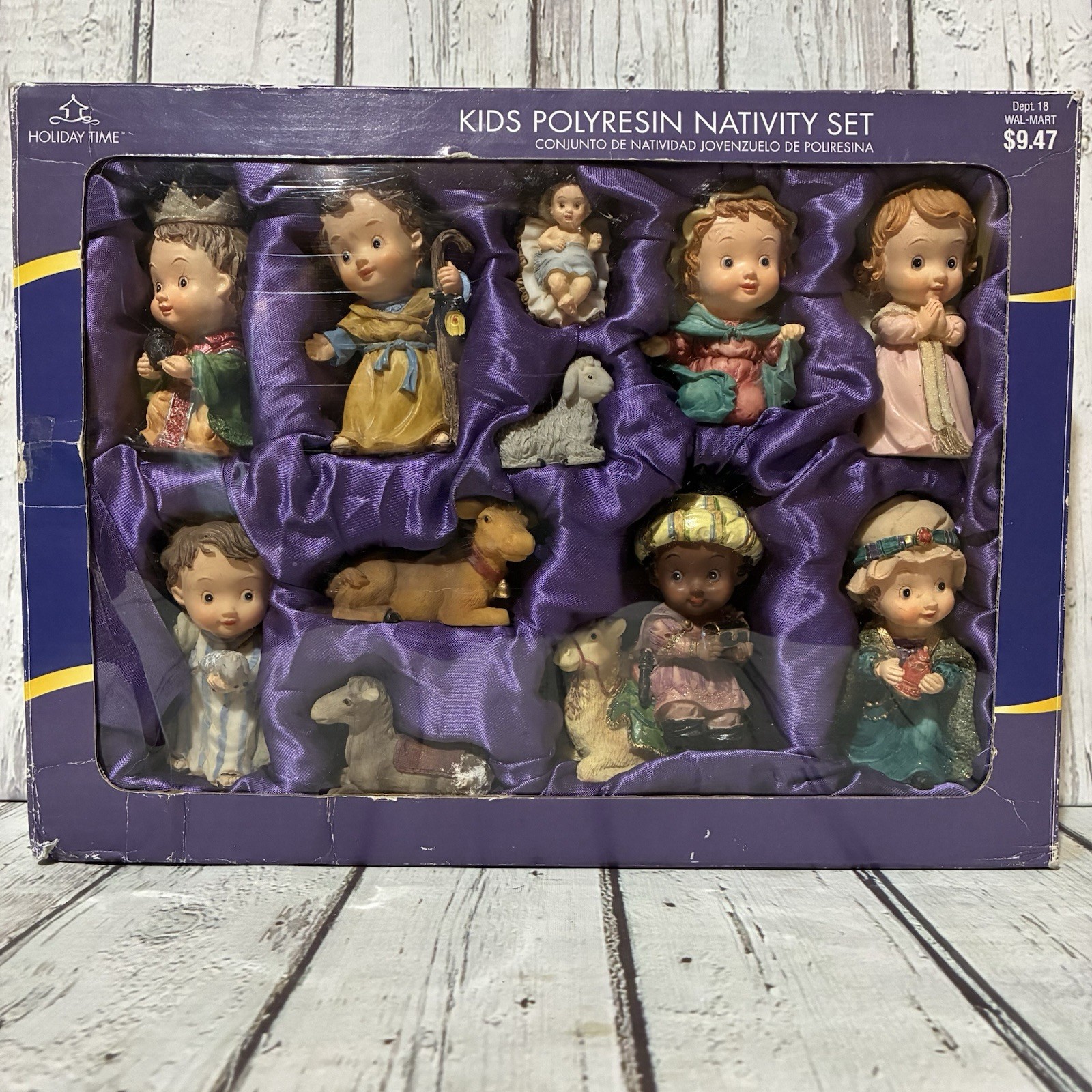 Vtg Holiday Time 11 Pc Poly Resin Children Nativity Set In Original Box Kids