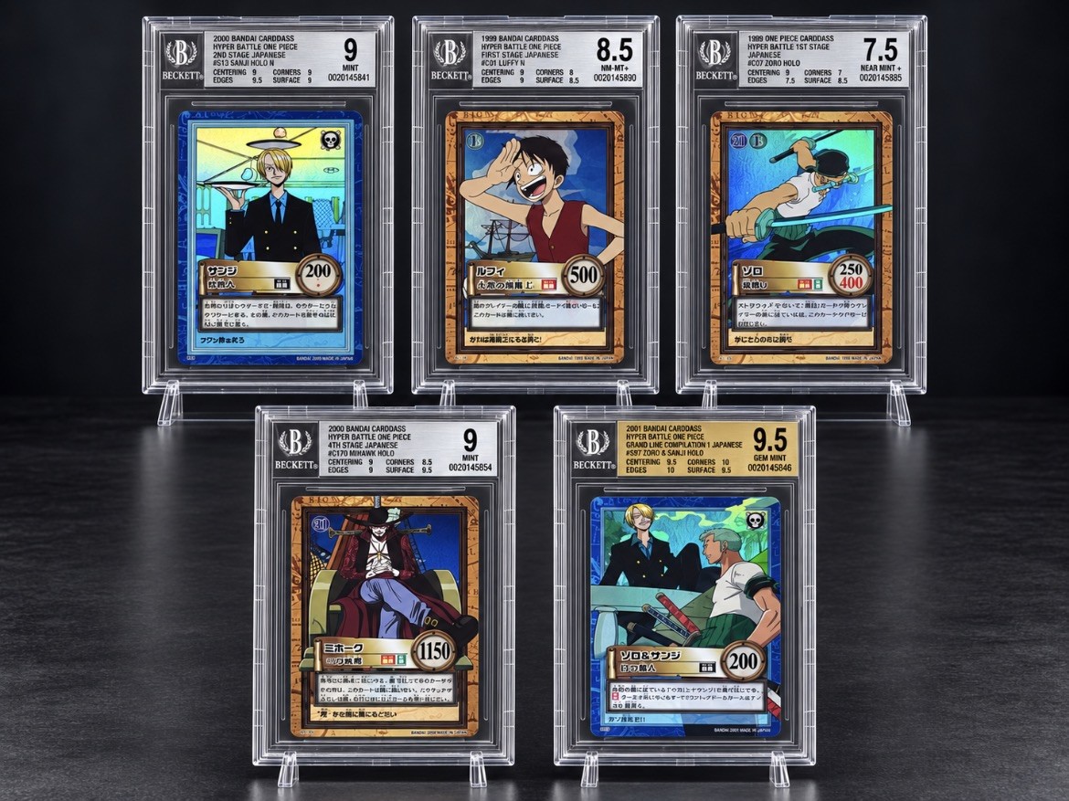 One Piece Carddass 1999-2000 Luffy C01 Holo first JAP card, zoro sanji mihawk