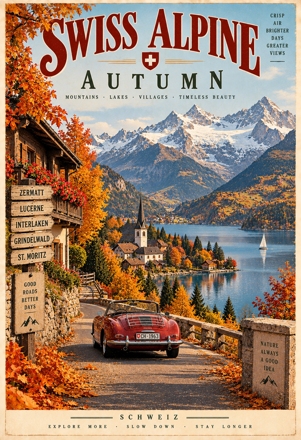 Swiss Alpine Autumn Vintage Switzerland Travel Poster Mountain Wall Art 13x19