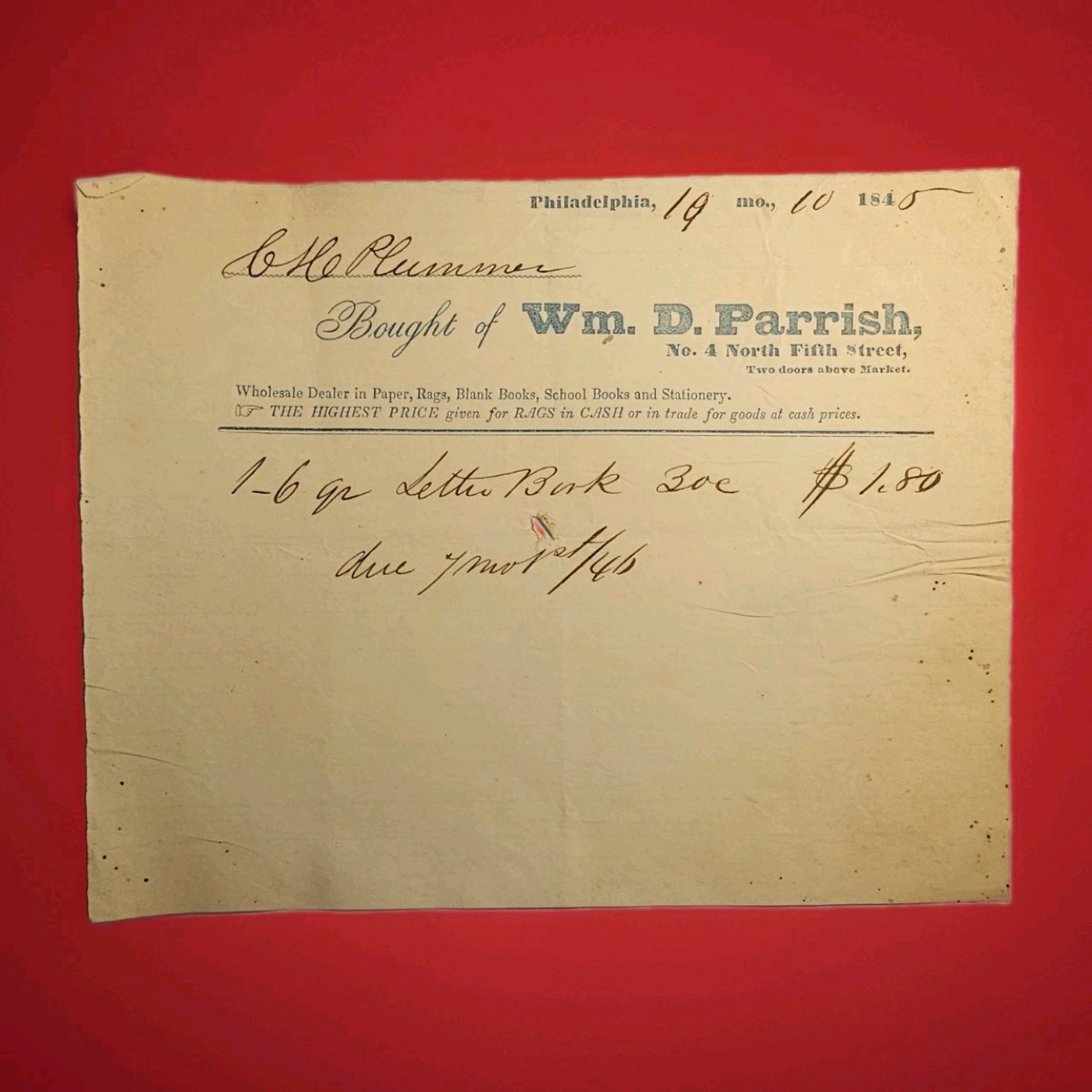 1845 Philadelphia Wm D Parrish Receipt Rev C H Plummer Paper Rag Stationery