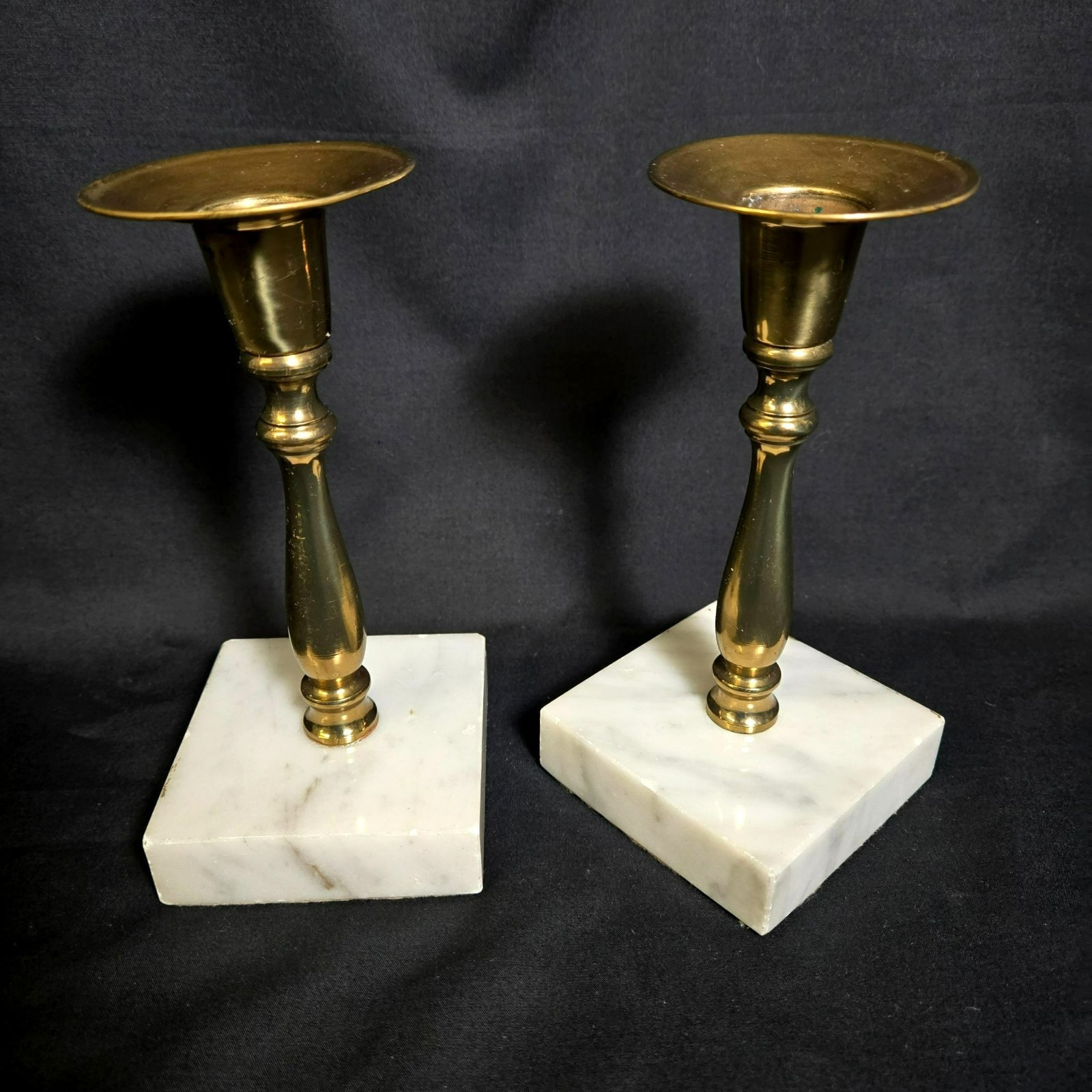 Brass White Marble Candlestick Holders Pair 6.25 Brass White Marble Candlestick Holders Pair 6.25