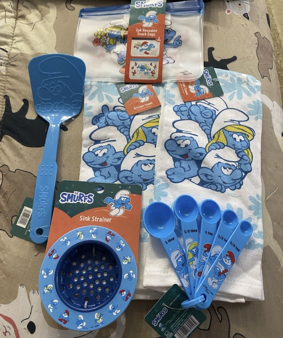 The Smurfs 2026 Kitchen Set items TOWELS, SPATULA, storagebags Strainer/ spoons The Smurfs 2026 Kitchen Set items TOWELS, SPATULA, storagebags Strainer/ spoons