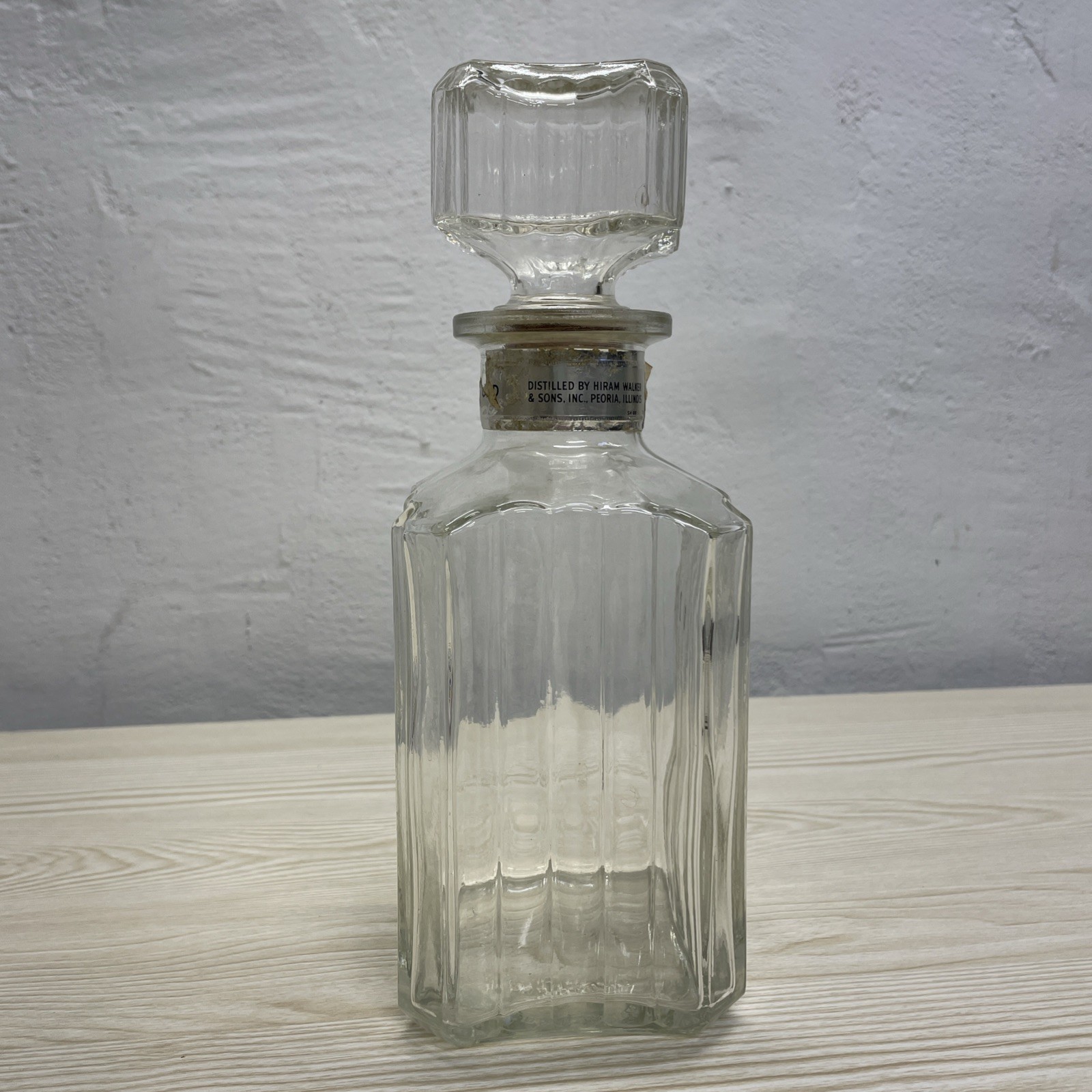 Vtg Liquor Decanter Ribbed Glass Square Shape Stopper w/cork 9.75\