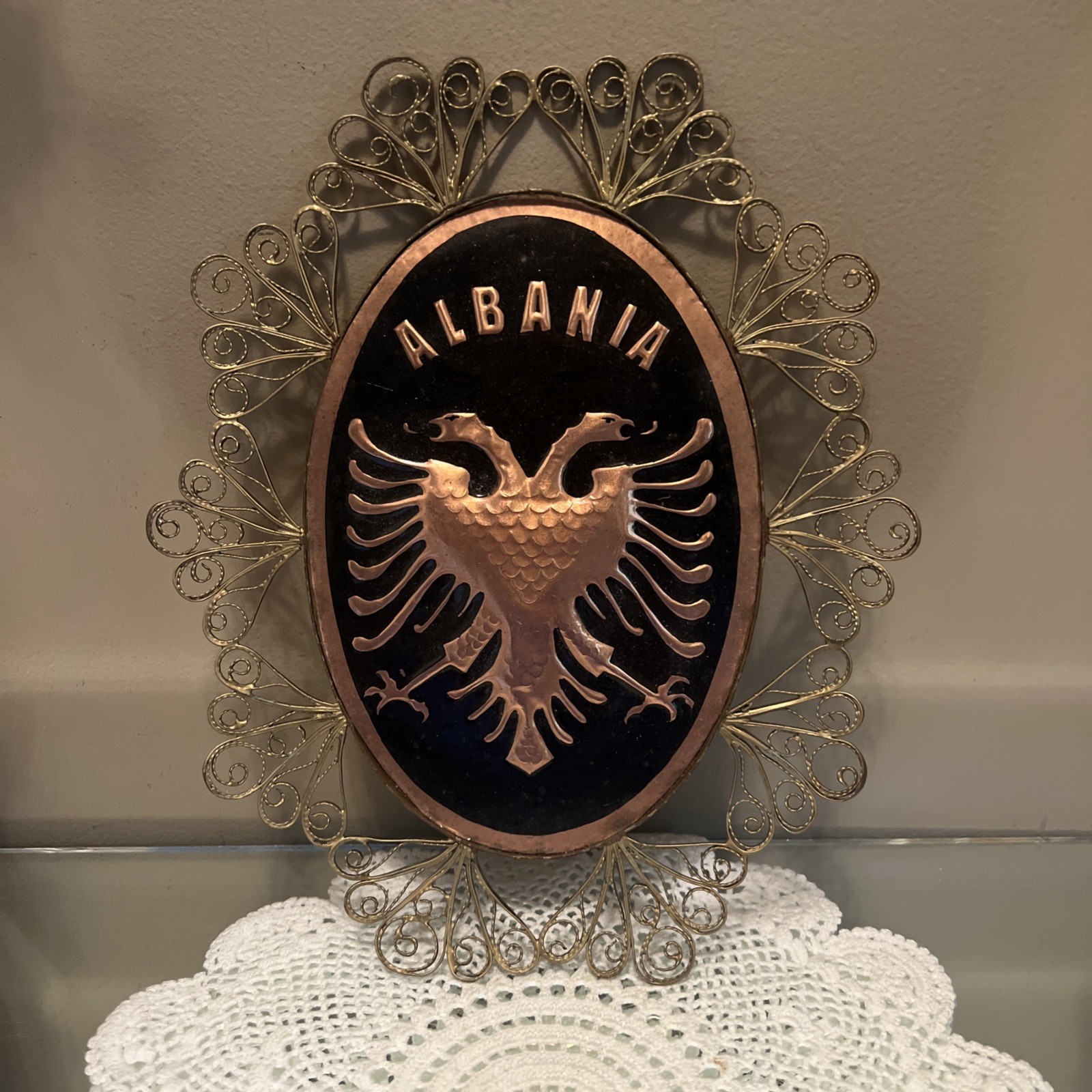 Vintage Souvenir Stela Albania Oval Metal Plaque Gold Black Hanging Plaque Decor Vintage Souvenir Stela Albania Oval Metal Plaque Gold Black Hanging Plaque Decor