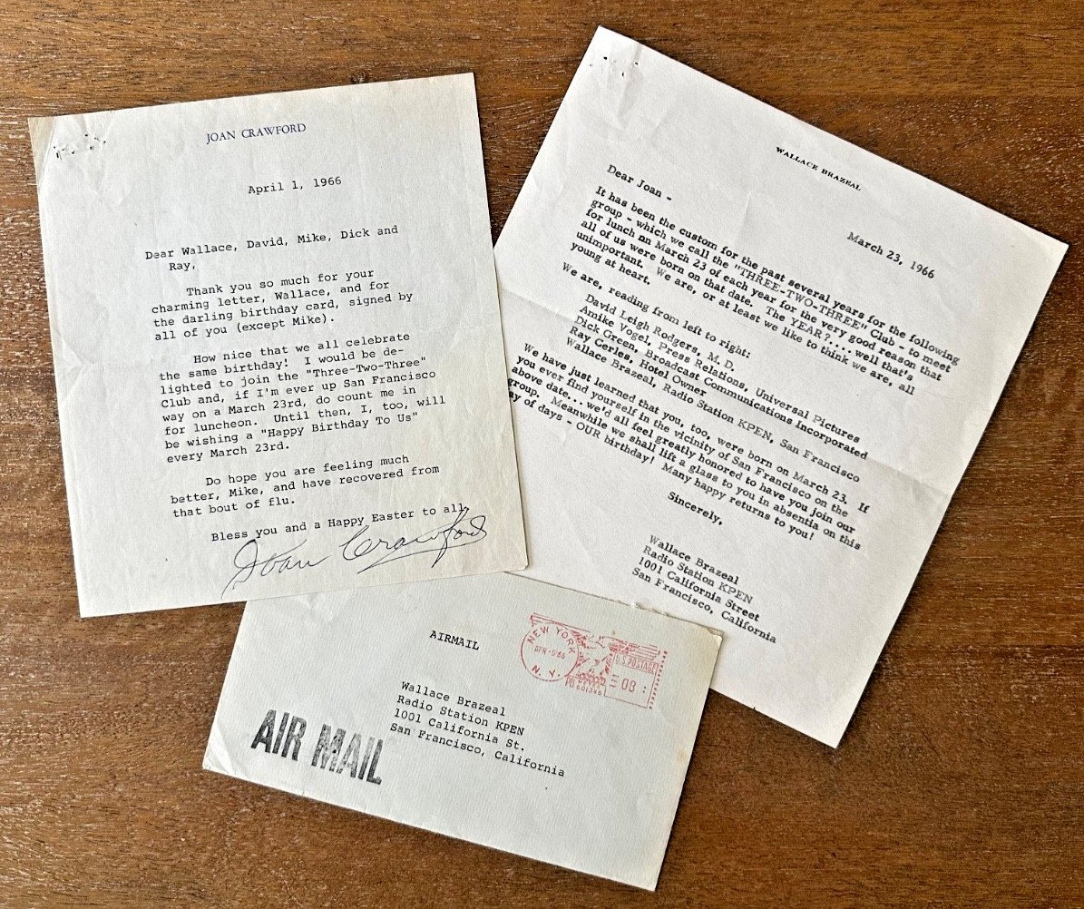 Joan Crawford Signed Letter w/Envelope & Orig. 1966 Letter from Wallace Brazeal Joan Crawford Signed Letter w/Envelope & Orig. 1966 Letter from Wallace Brazeal
