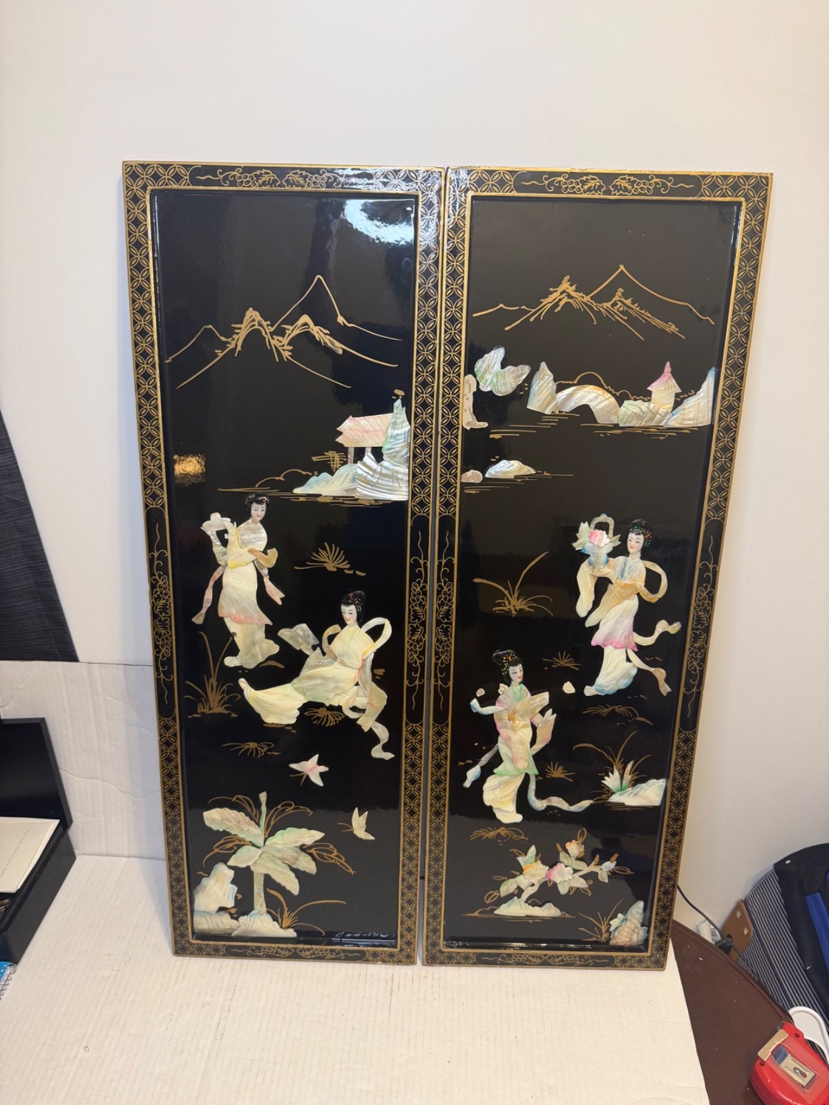 Vintage Chinese Black Lacquer Mother of Pearl Court Lady Wall Panels Pair 36”