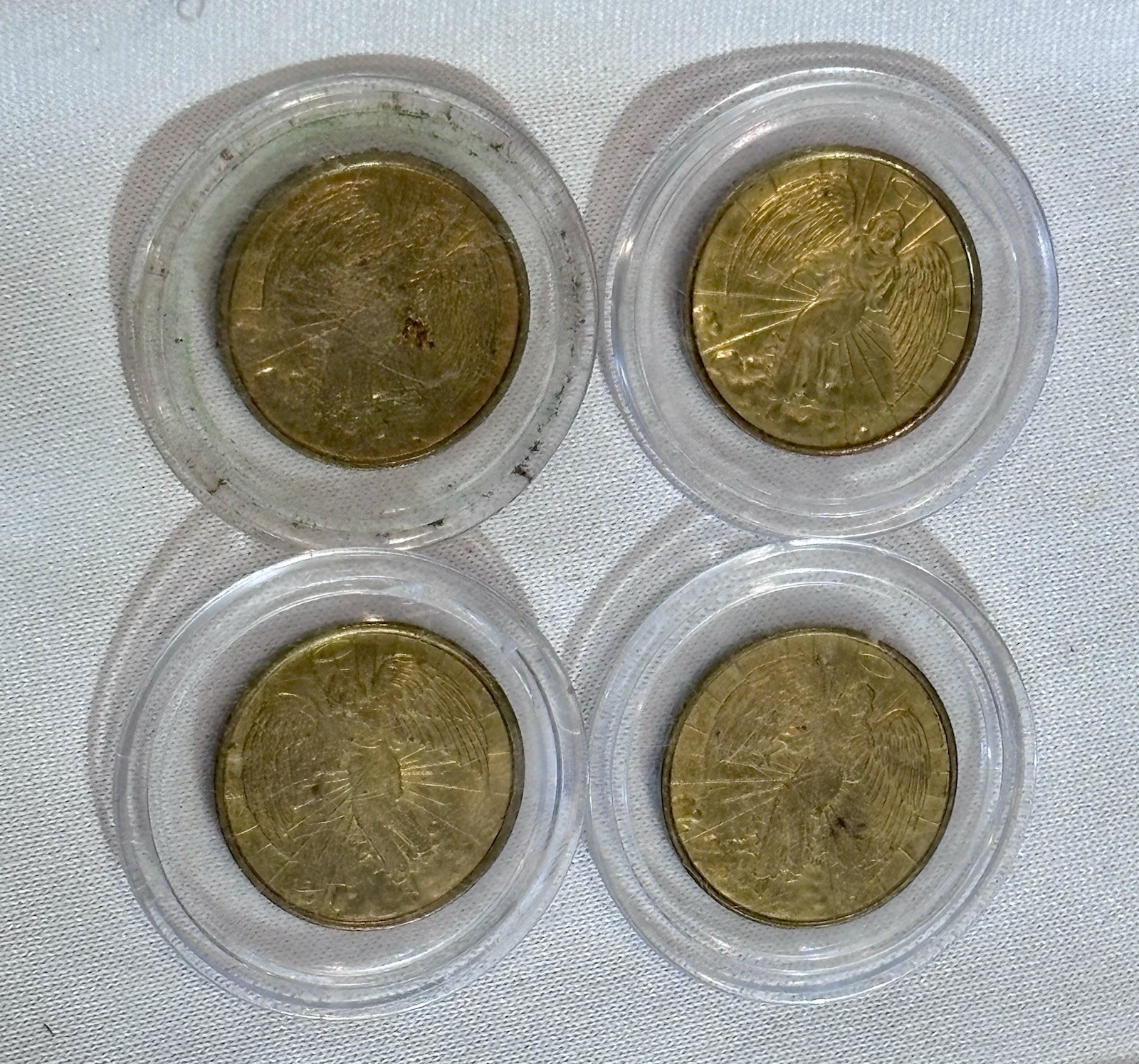LOT 4 Vintage Gold Plated Collectors Coin Guardian Angel Double Sided Good Luck