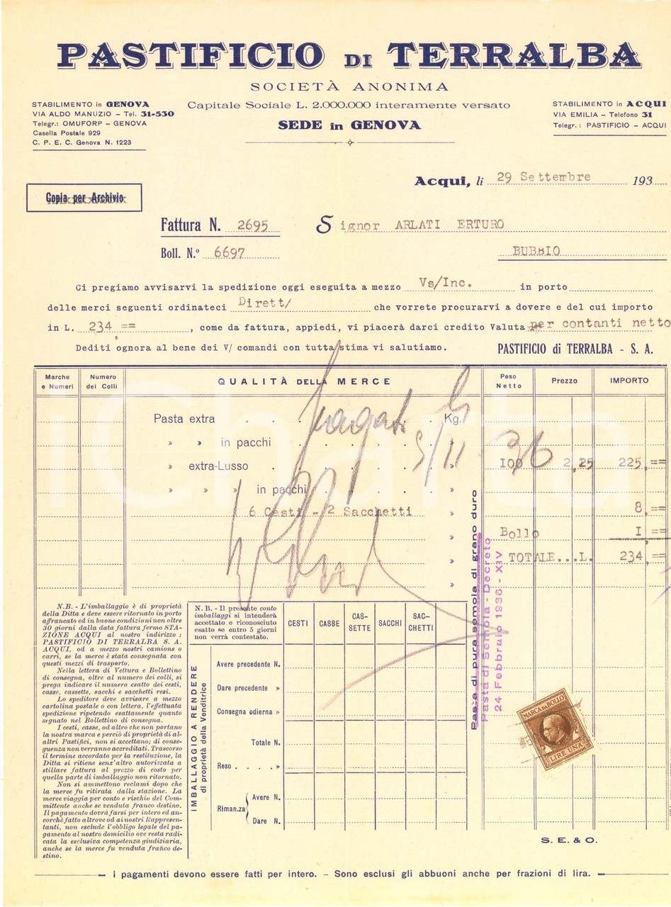 1936 ACQUI TERME Pastificio di TERRALBA - Invoice headed