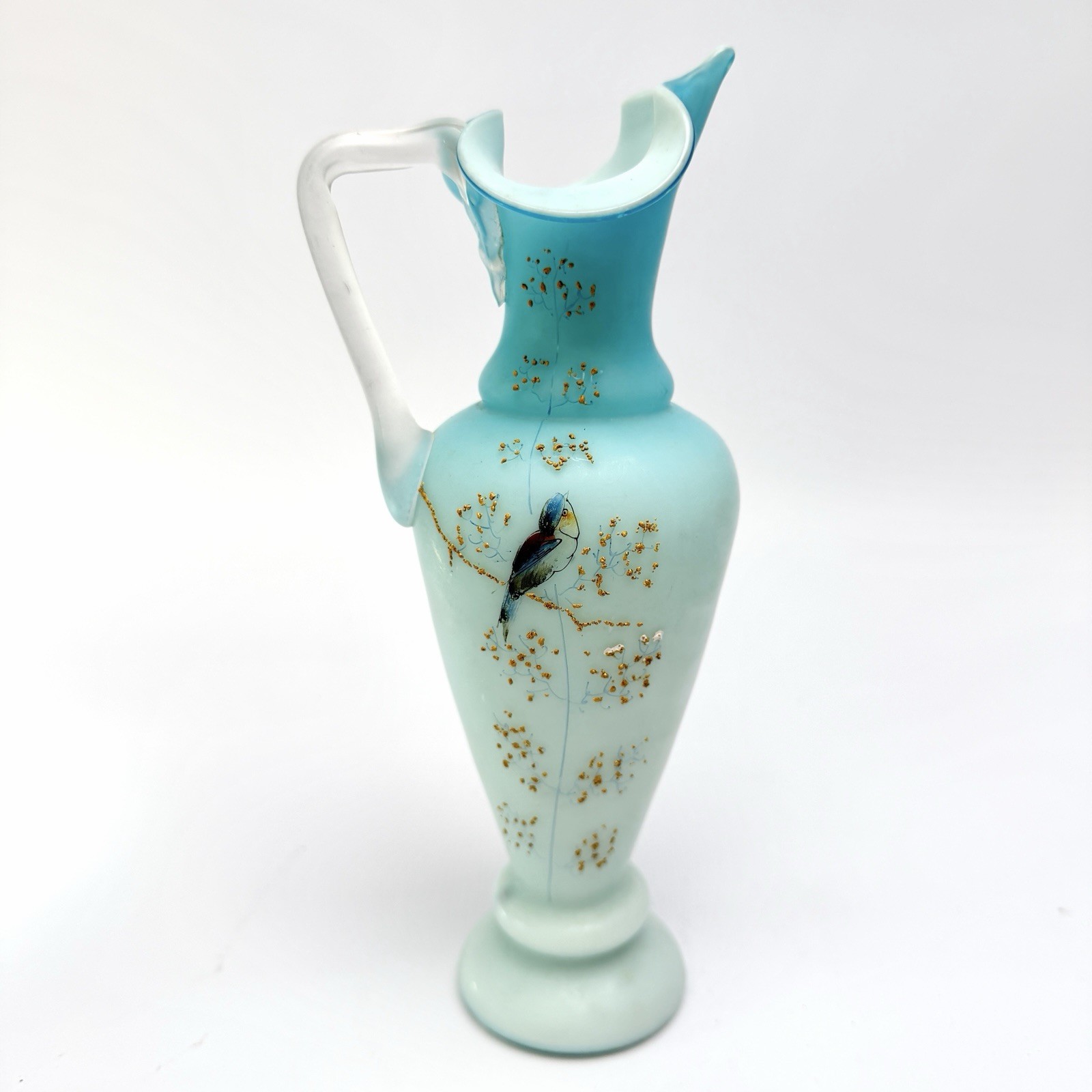 Antique Victorian Satin Glass Mini Ewer Blue Hand Painted Bird Uranium Antique Victorian Satin Glass Mini Ewer Blue Hand Painted Bird Uranium