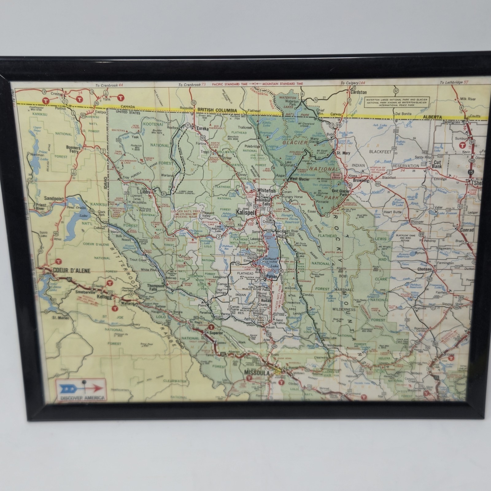 Vintage Montana Idaho Road Map Framed Glacier National Park Flathead 