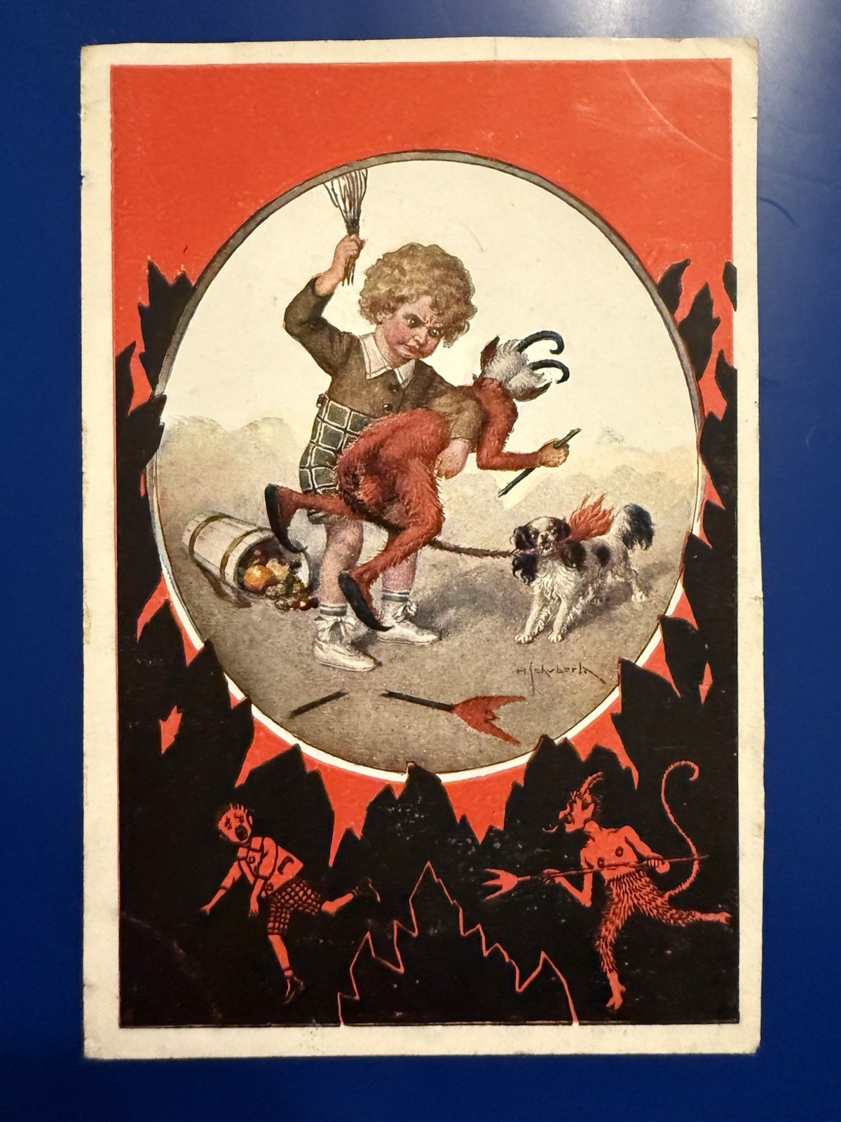 KRAMPUS BEING SPANKED BY A YOUNG BOY W/HIS OWN SWITCH-RARE-HTF