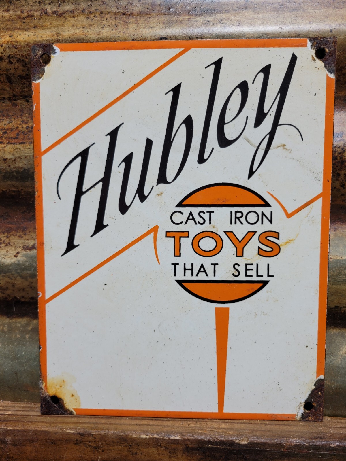 VINTAGE HUBLEY PORCELAIN SIGN CAST IRON KIDS TOY TRAIN TRUCKS CAR CHILDREN TRAIN