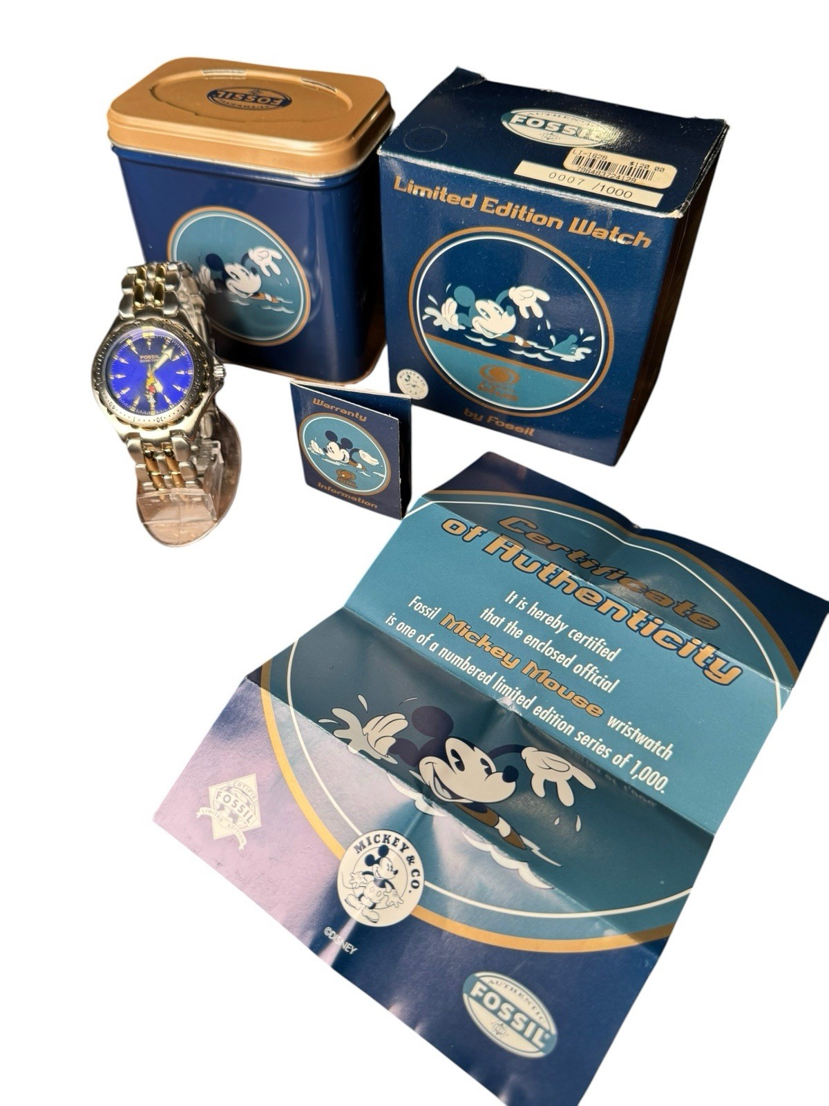 Fossil BLUE Water Resistant Mickey 50 Meter watch LE #850/1000 LI-1628 RARE NICE Fossil BLUE Water Resistant Mickey 50 Meter watch LE #850/1000 LI-1628 RARE NICE