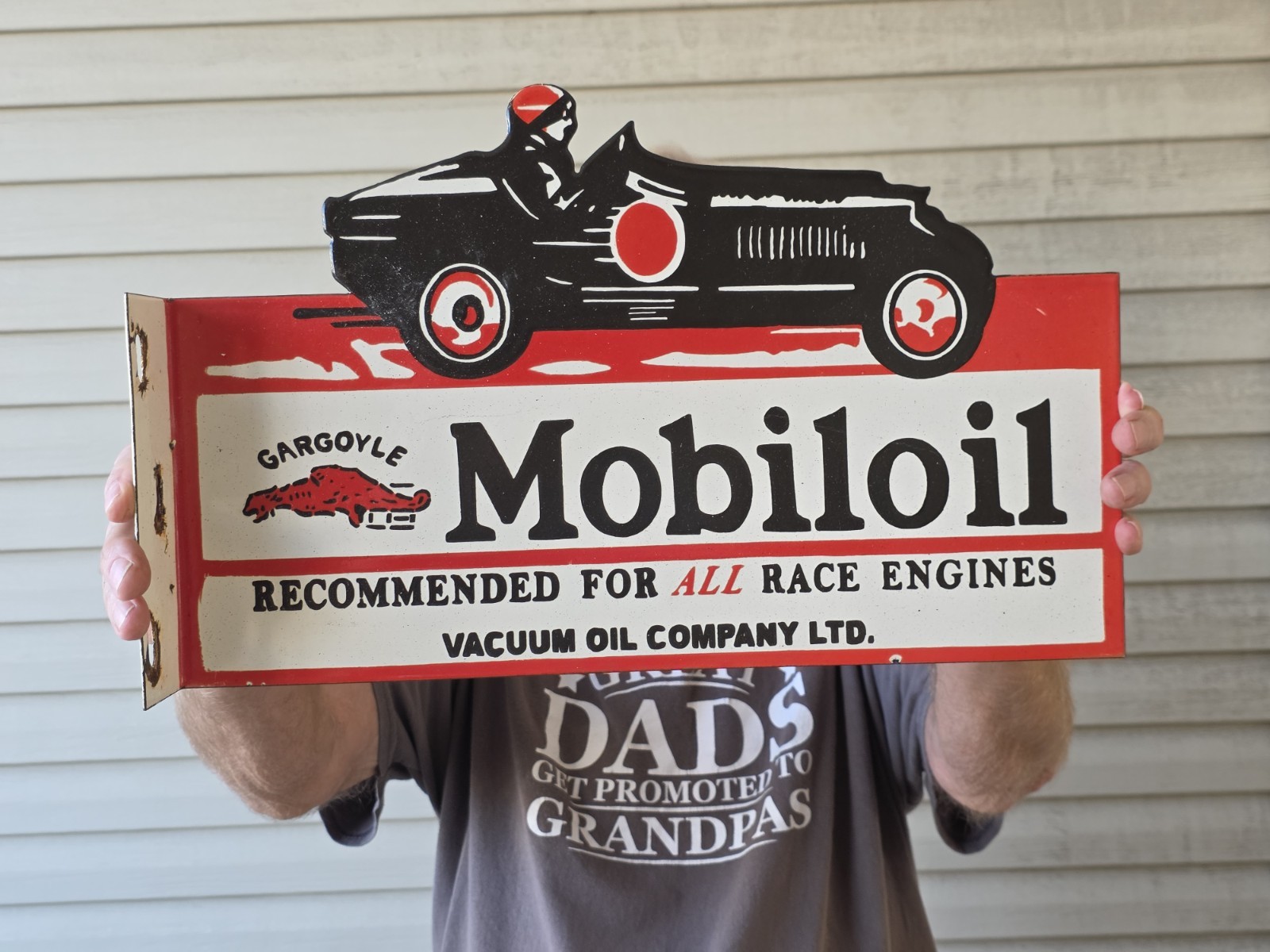 LARGE VINTAGE MOBILOIL GARGOYLE PORCELAIN FLANGE DOUBLE SIDED SIGN 16