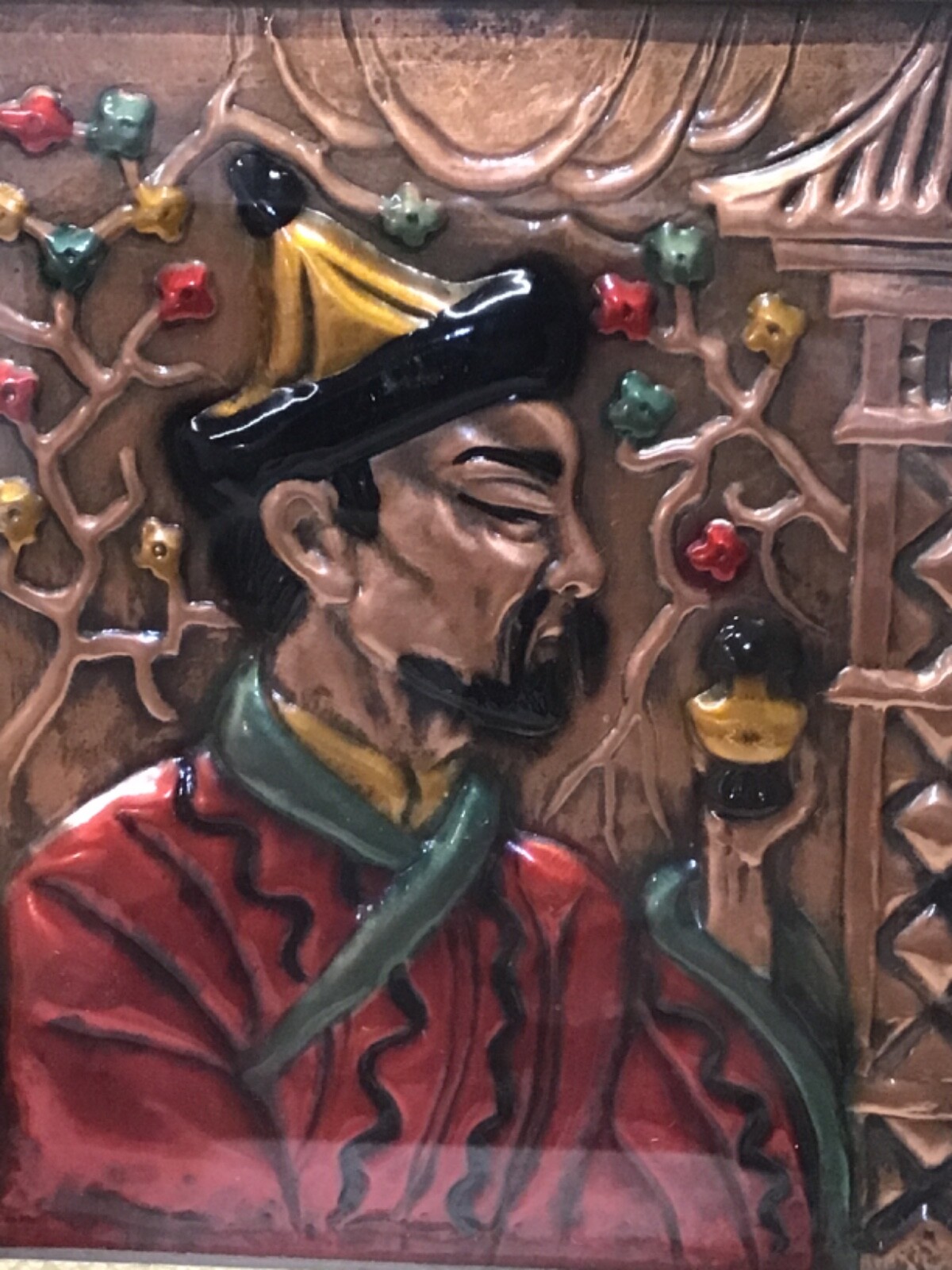 Vintage Art Deco Style Copper Bas Relief Plaque Asian Man Wearing Hat Vintage Art Deco Style Copper Bas Relief Plaque Asian Man Wearing Hat