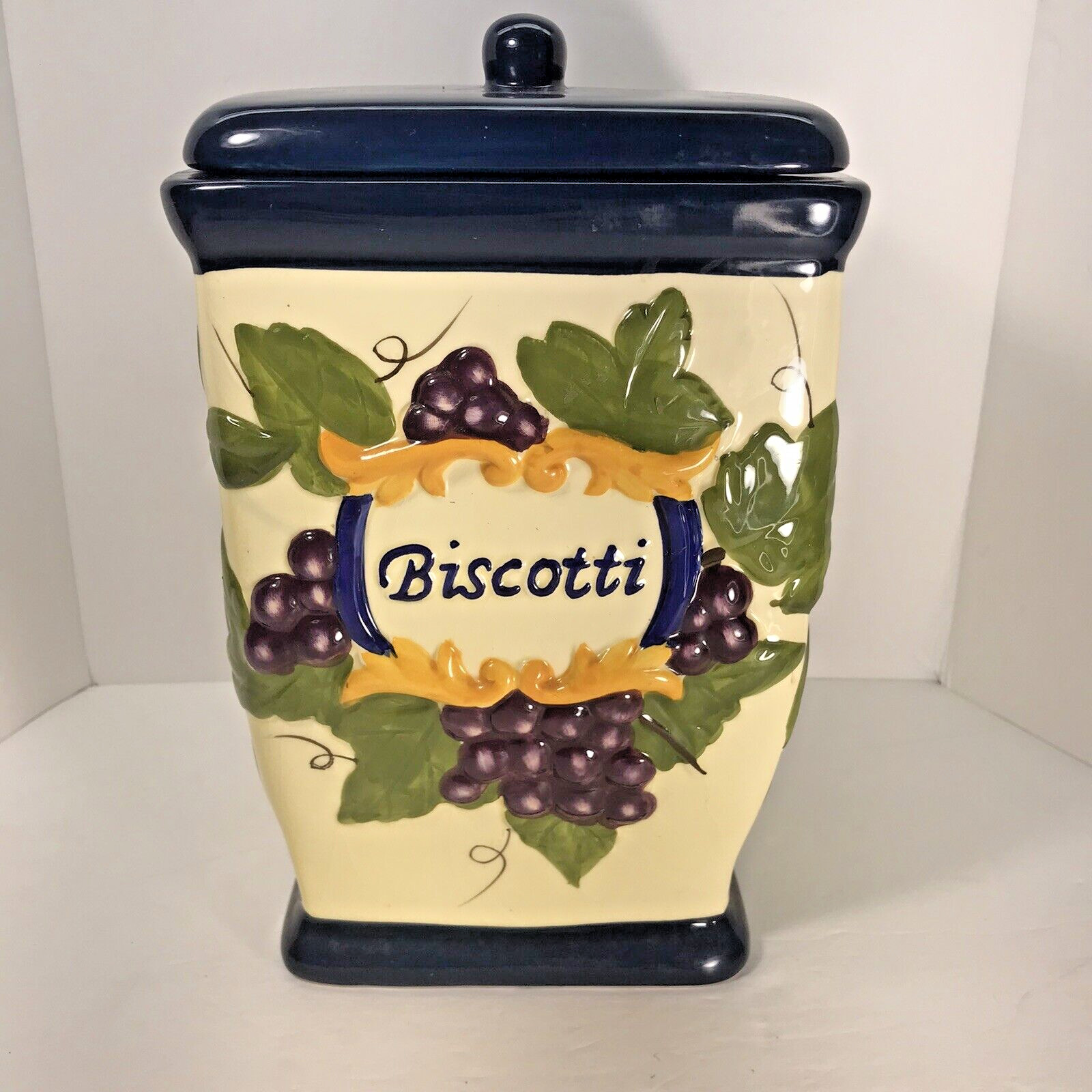 Cookie Jar VTG Nonni\'s Ceramic Hand painted fruit vines leaves 9 inches tall
