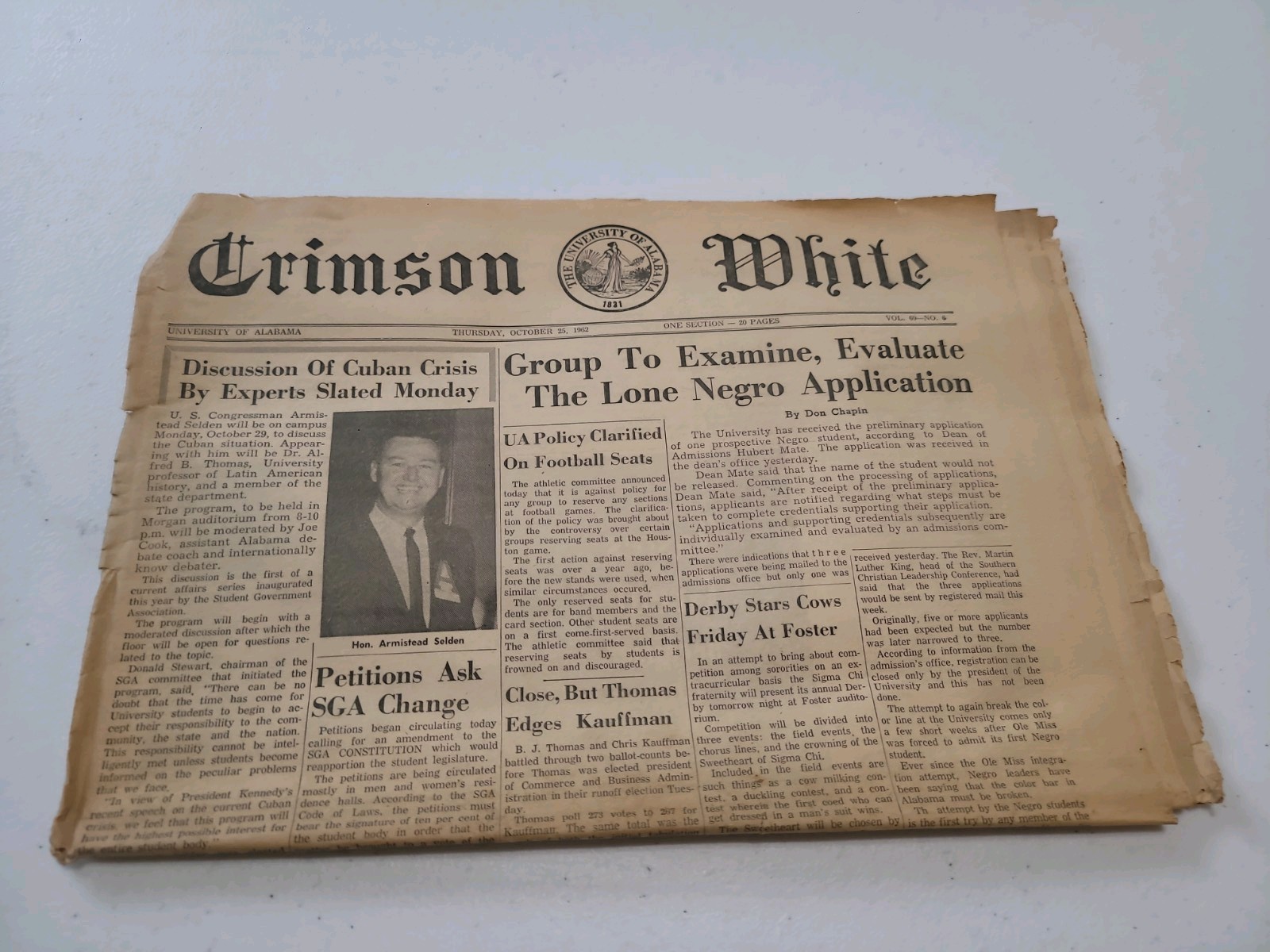 The Crimson White; October 25, 1962; Lone Negro Application The Crimson White; October 25, 1962; Lone Negro Application