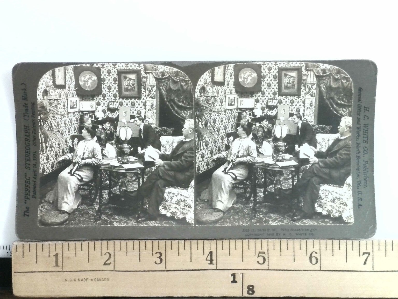 Why Doesn't He Go? Stereoview H.C. White Co. 1908 Victorian Parlor Why Doesn't He Go? Stereoview H.C. White Co. 1908 Victorian Parlor