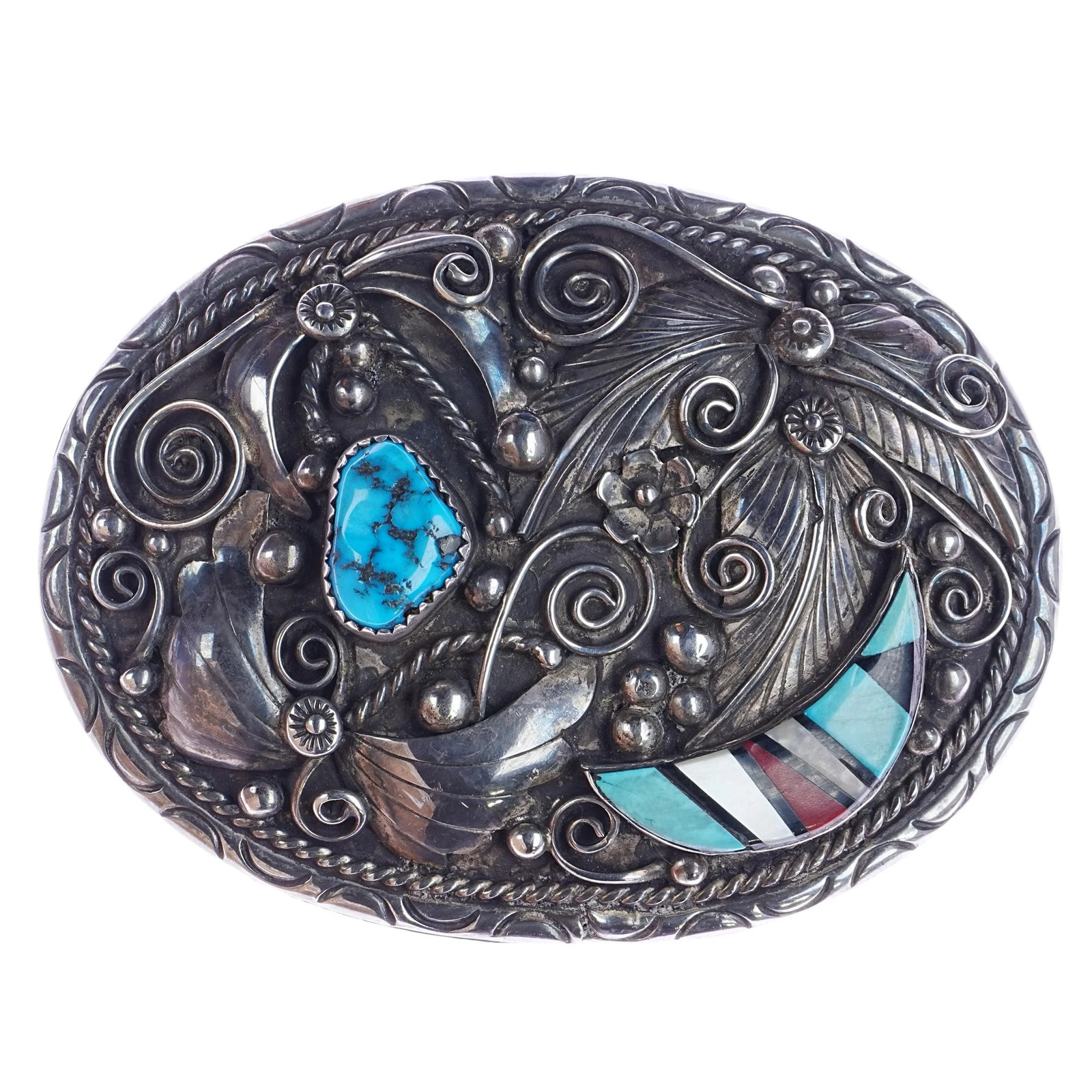 c1980's Vintage Navajo sterling, turquoise, belt buckle with Zuni inlay c1980's Vintage Navajo sterling, turquoise, belt buckle with Zuni inlay