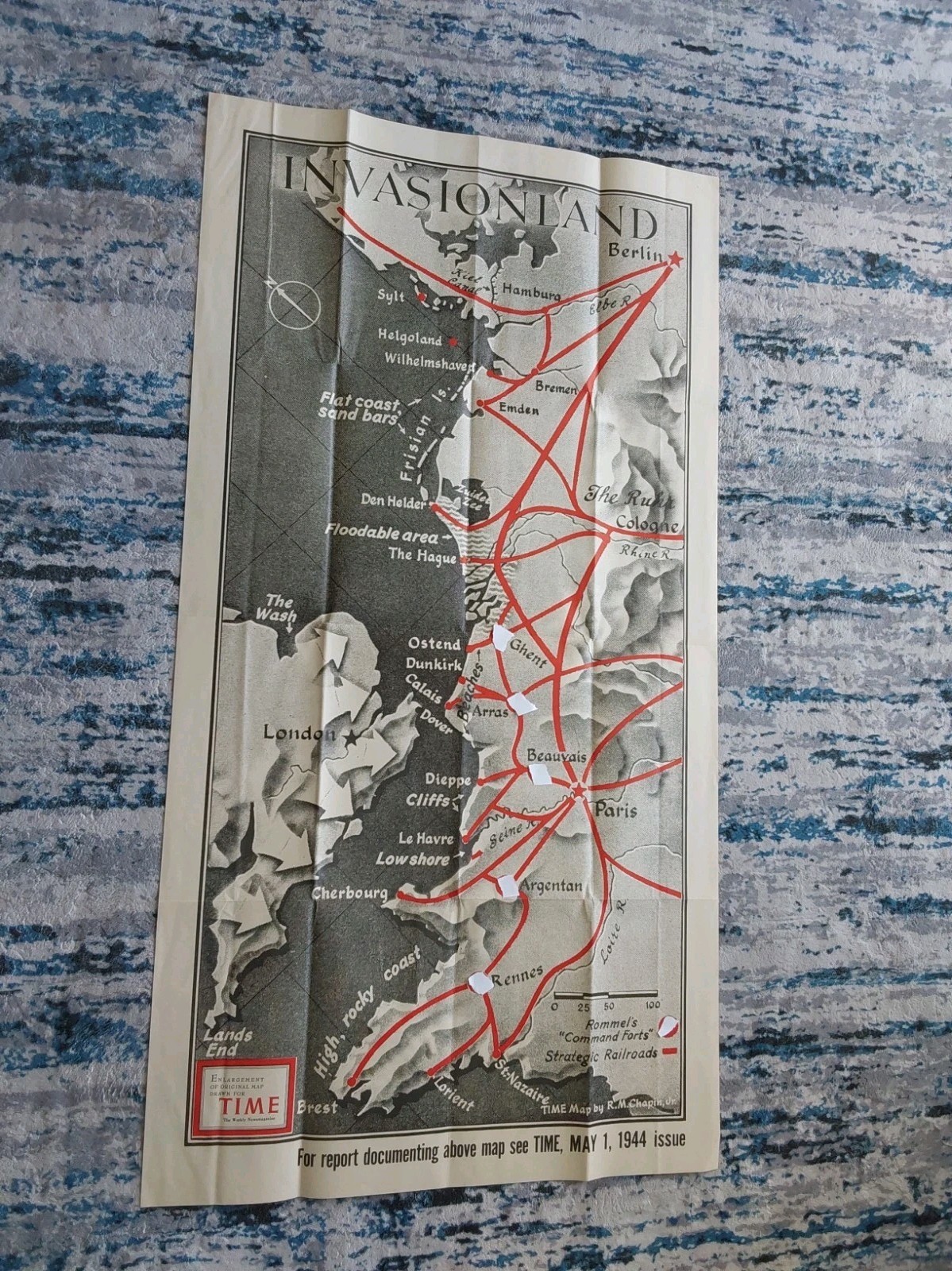 1944 R.M. Chapin Time Magazine WWII Map Invasionland France Germany Pre D-Day