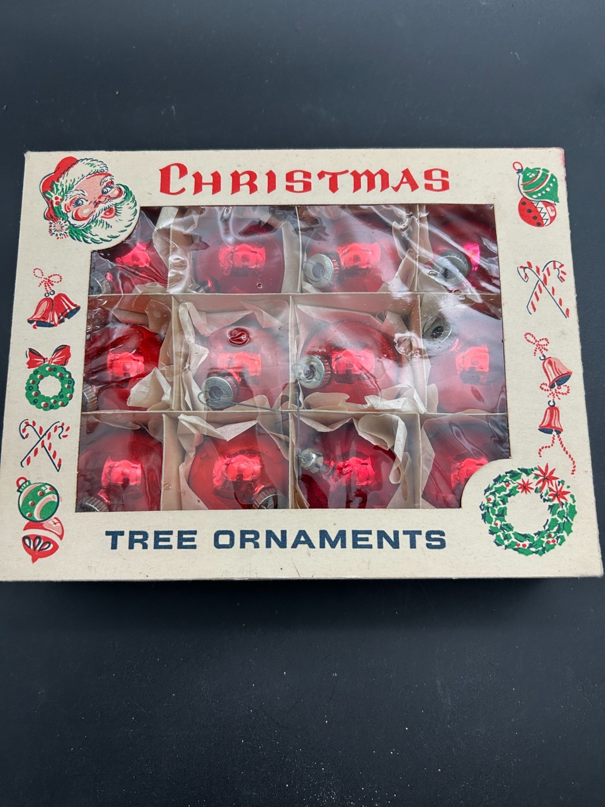 Vtg 12 Faceted Red Glass Christmas Ornaments Mid Century Geometric Box Germany