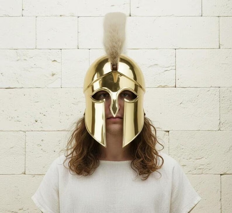 Handmade Golden Brass Spartan Helmet with White Crest Cosplay Armor
