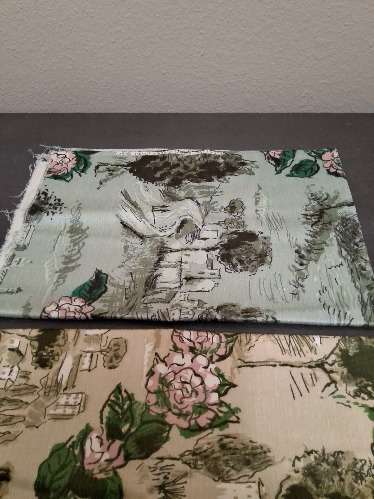Vintage 1970\'s Barkcloth Fabric 2 Pieces Both 34x22 Green and Gold Floral