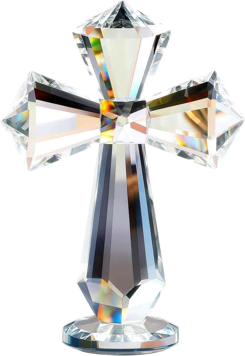 Hand-Carved Crystal Cross Standing – 6 Inch Clear K9 Glass Cross Figurine
