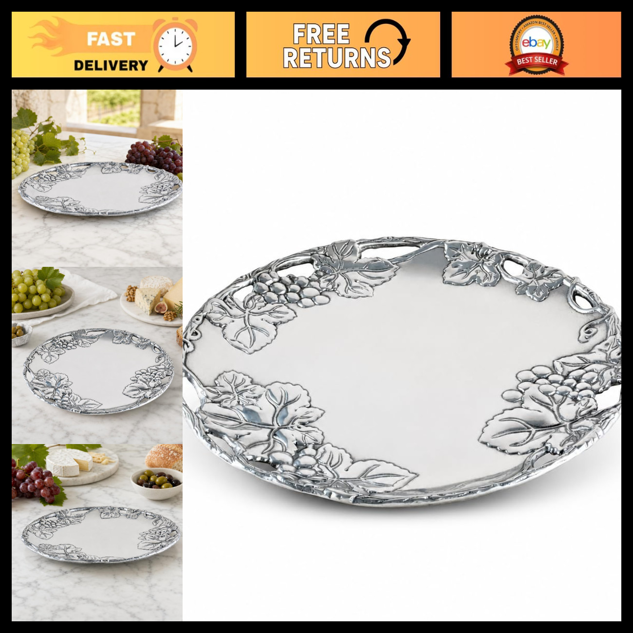 Elegant 12-Inch Aluminum Round Serving Plate with Grape Pattern - Perfect for En Elegant 12-Inch Aluminum Round Serving Plate with Grape Pattern - Perfect for En