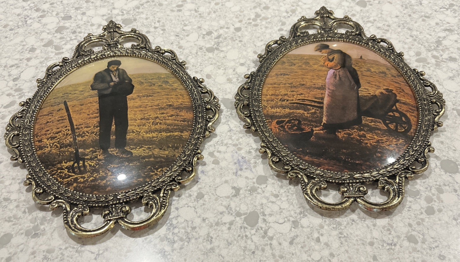 Vintage Picture Gold Tone Metal Frame Ornate Praying Farmer Convex Bubble Glass