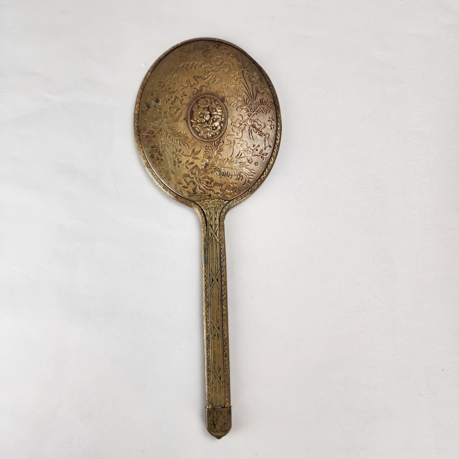 HAUNTED Antique Brass Art Nouveau Hand Held Vanity Mirror Mercury Glass Cracked