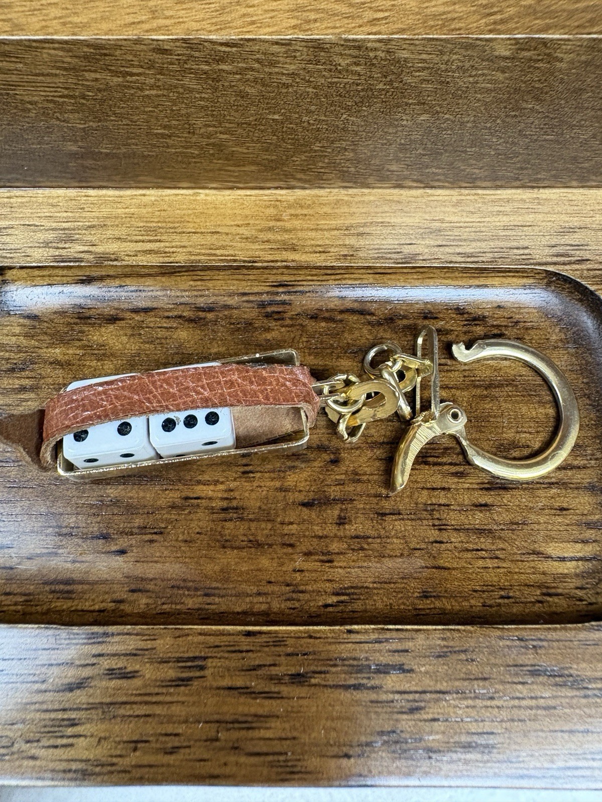 Vntg Italian Dice Key Chain W/ Leather Holder Gold Tone