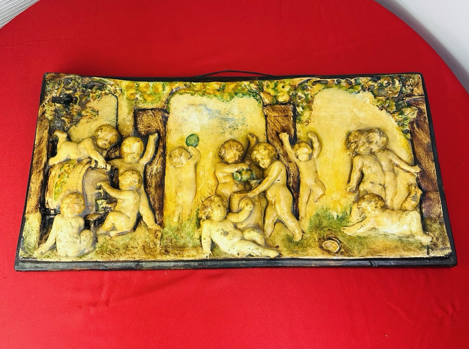 Vtg 1930s 12×24 Cherub Relief Wall Plaque Putti Angel Bas-Relief Panel Decor