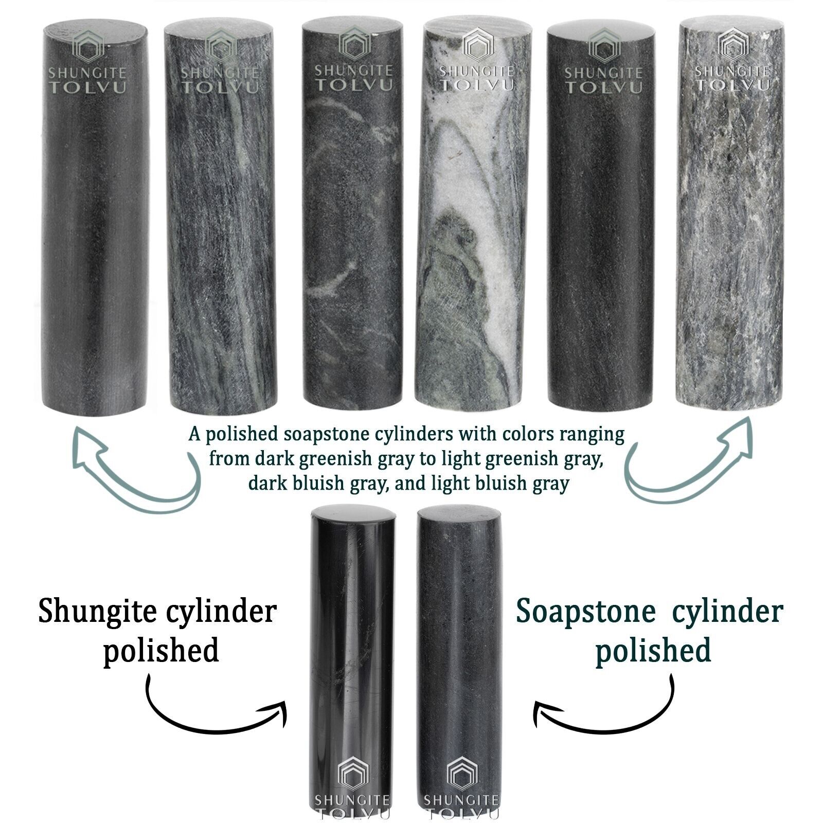 Shungite and Soapstone Harmonizers Set of 2 Natural Authentic Cylinders, Tolvu