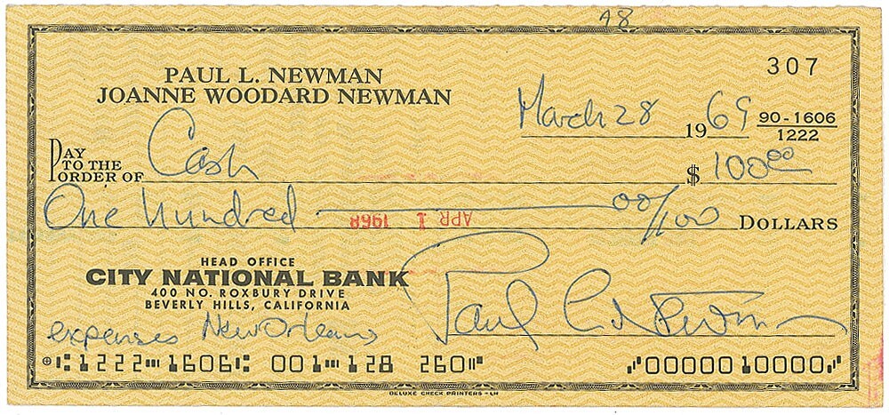 Paul Newman Reproduction Cancelled Check & 8 x 10 Photo