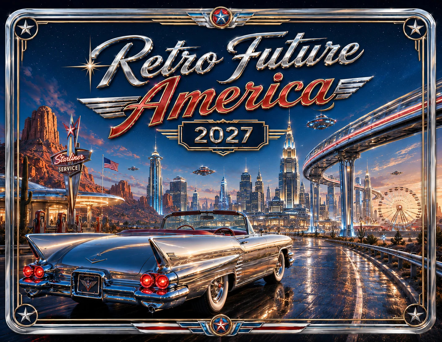 Retro Future America 2027 Wall Calendar Retro Futurism Classic Car UFO Art Gift