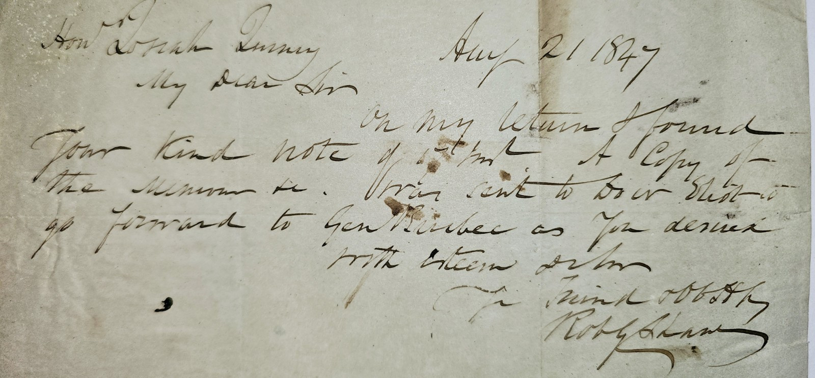 1847 Letter Signed Robt. Shaw to Josiah Quincy re: Gen. Burbeck & Dr. Eliot
