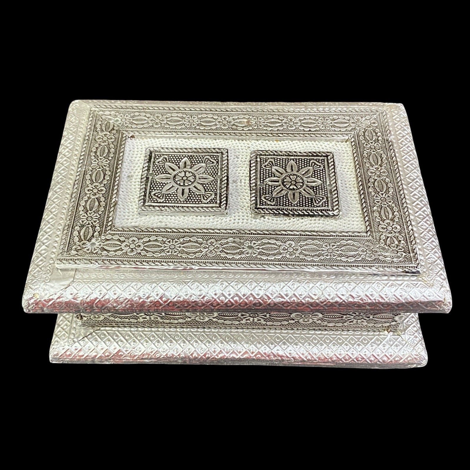 Vintage Embossed Tin Wrapped Jewelry Trinket Box Ornate Silver Tone Repoussé 7”