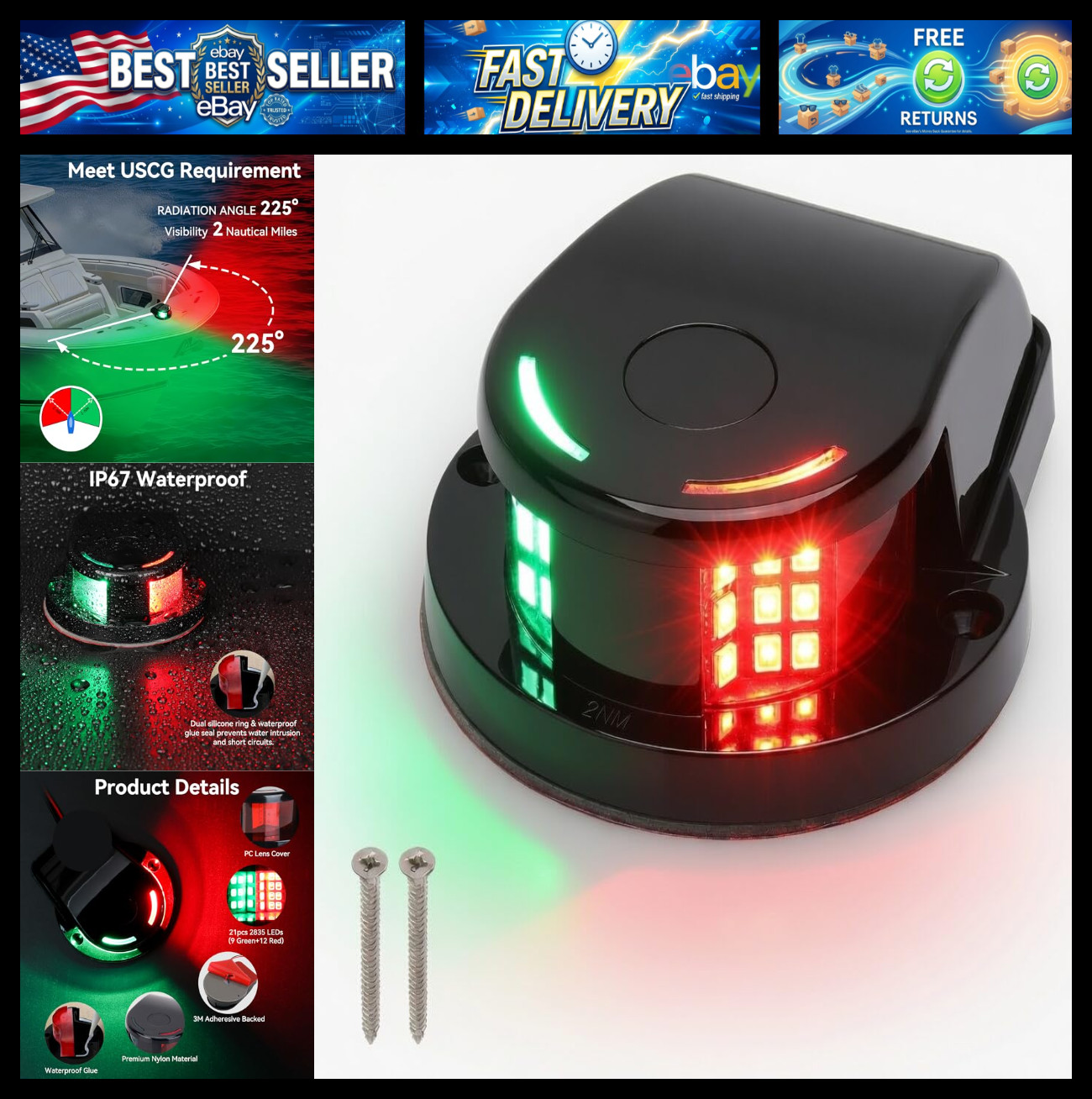 12V LED Boat Navigation Light, Red/Green Bow Light, IP67 Waterproof