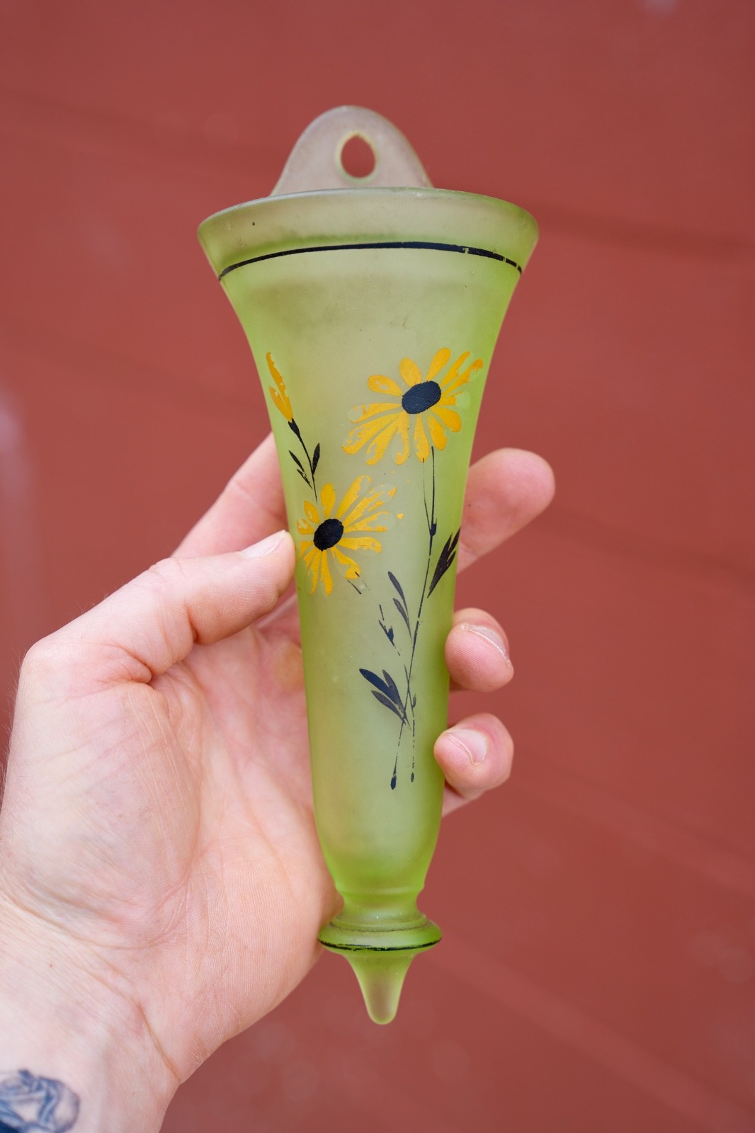 Antique Funeral Hearse Car Flower Vase Holder green glass Daisy Sunflower VTG