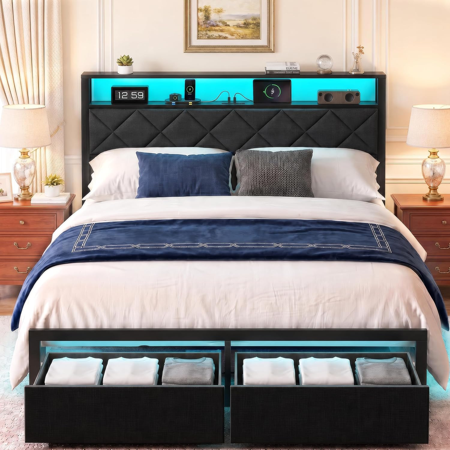 Queen Bed Frame with LED Lights, Charging Station & 2 Storage Drawers, Metal Pla Queen Bed Frame with LED Lights, Charging Station & 2 Storage Drawers, Metal Pla