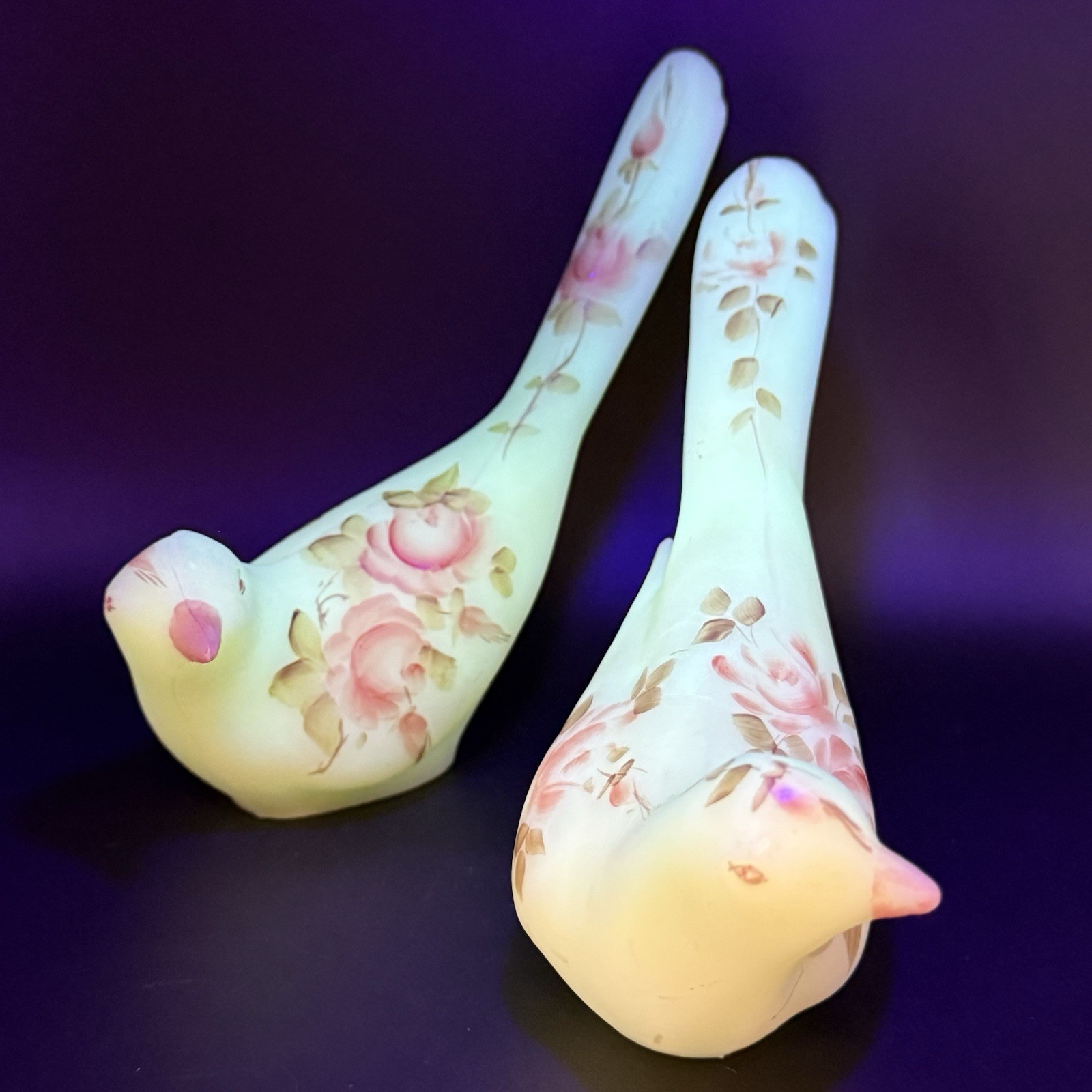 2 Fenton Birds of Happiness Pink Blossom Custard Uranium Glass Figurines Signed