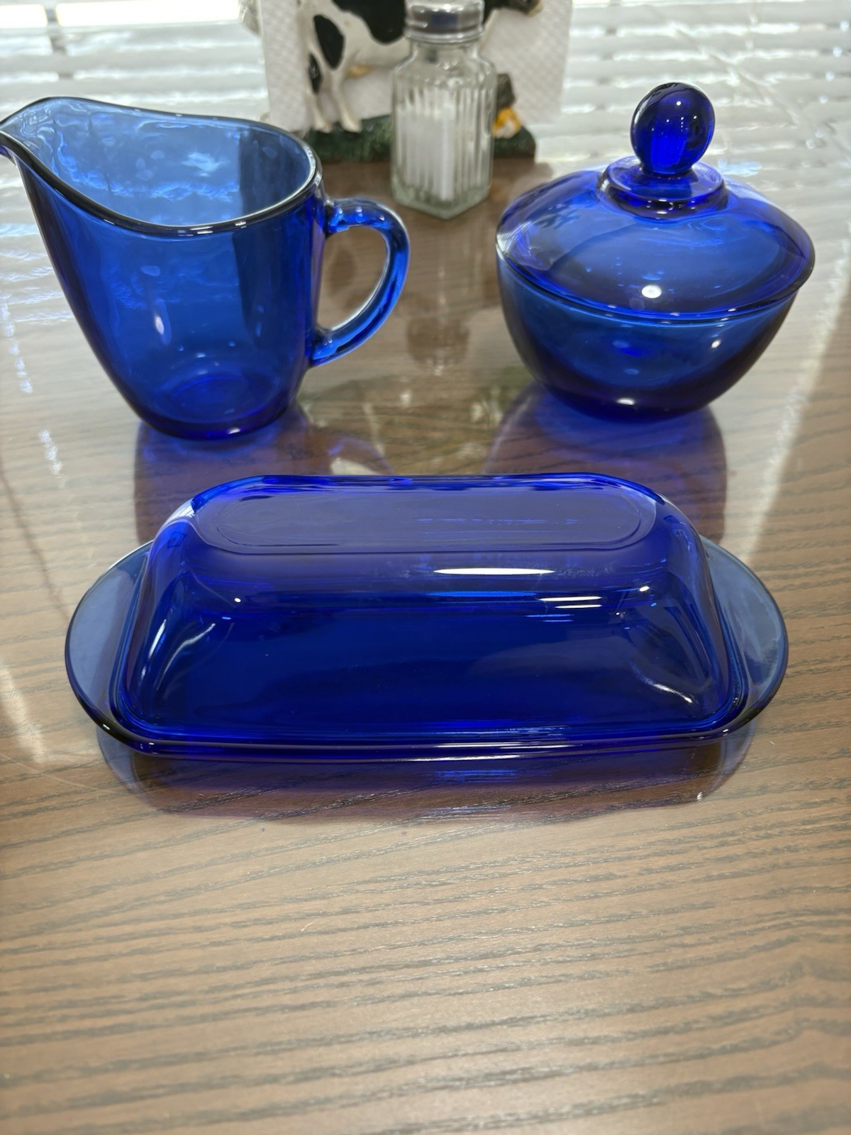 VTG Anchor Hocking Cobalt Blue Creamer & Covered Sugar Bowl Butter Dish Set MINT