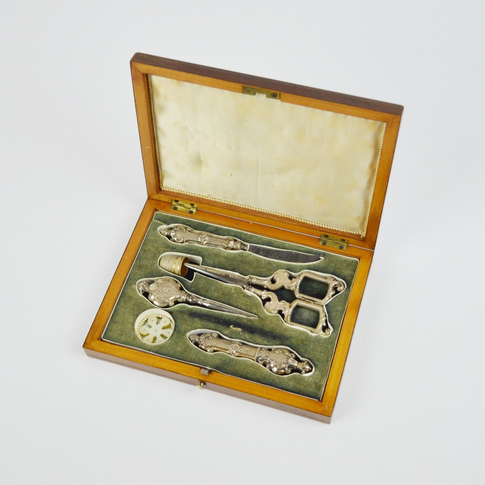 Antique Sewing Set In Wooden Box - Sewing Notions - Vintage - Case
