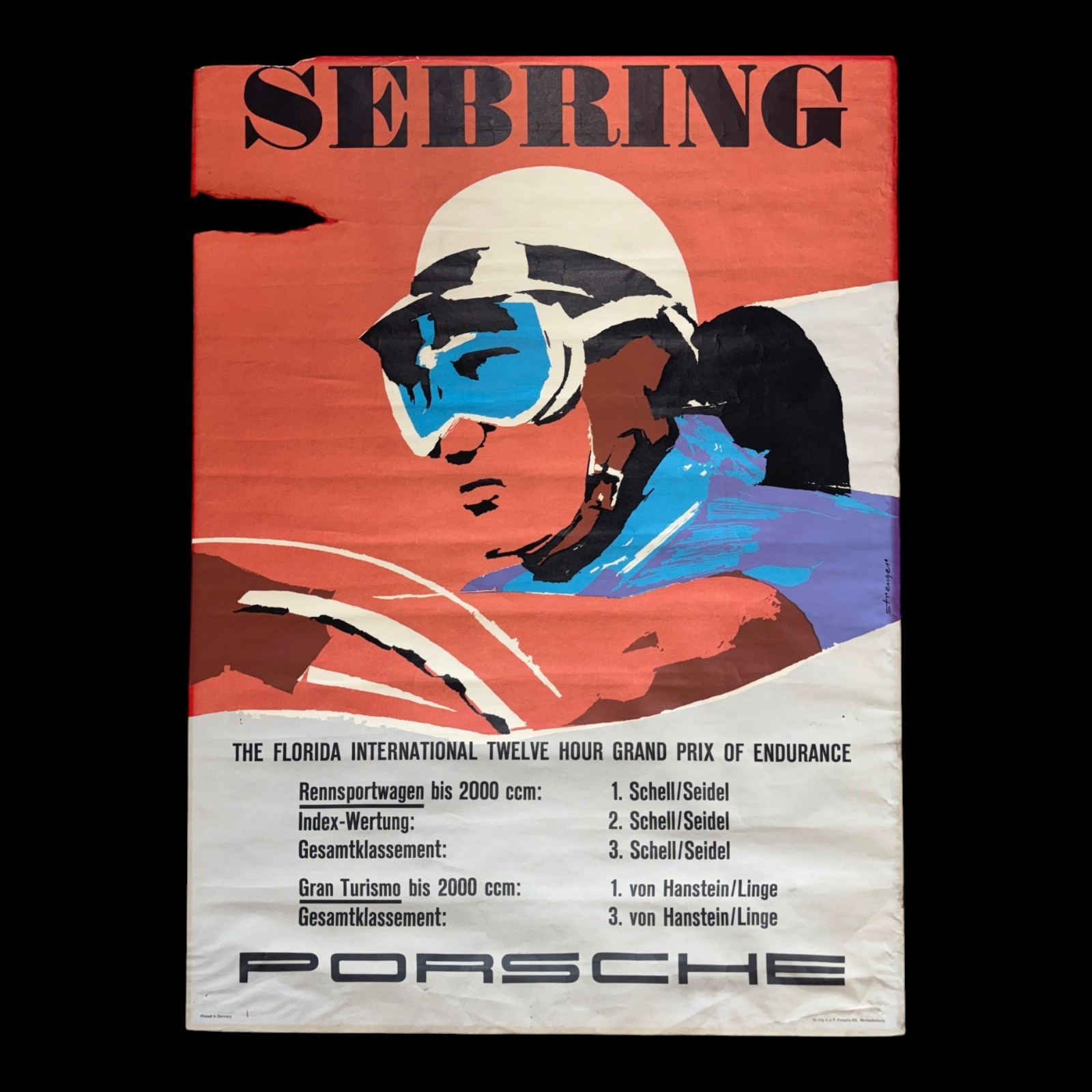 Vintage Porsche Sebring 12 Hours Poster Erich Strenger Germany 23x31.5 Rare