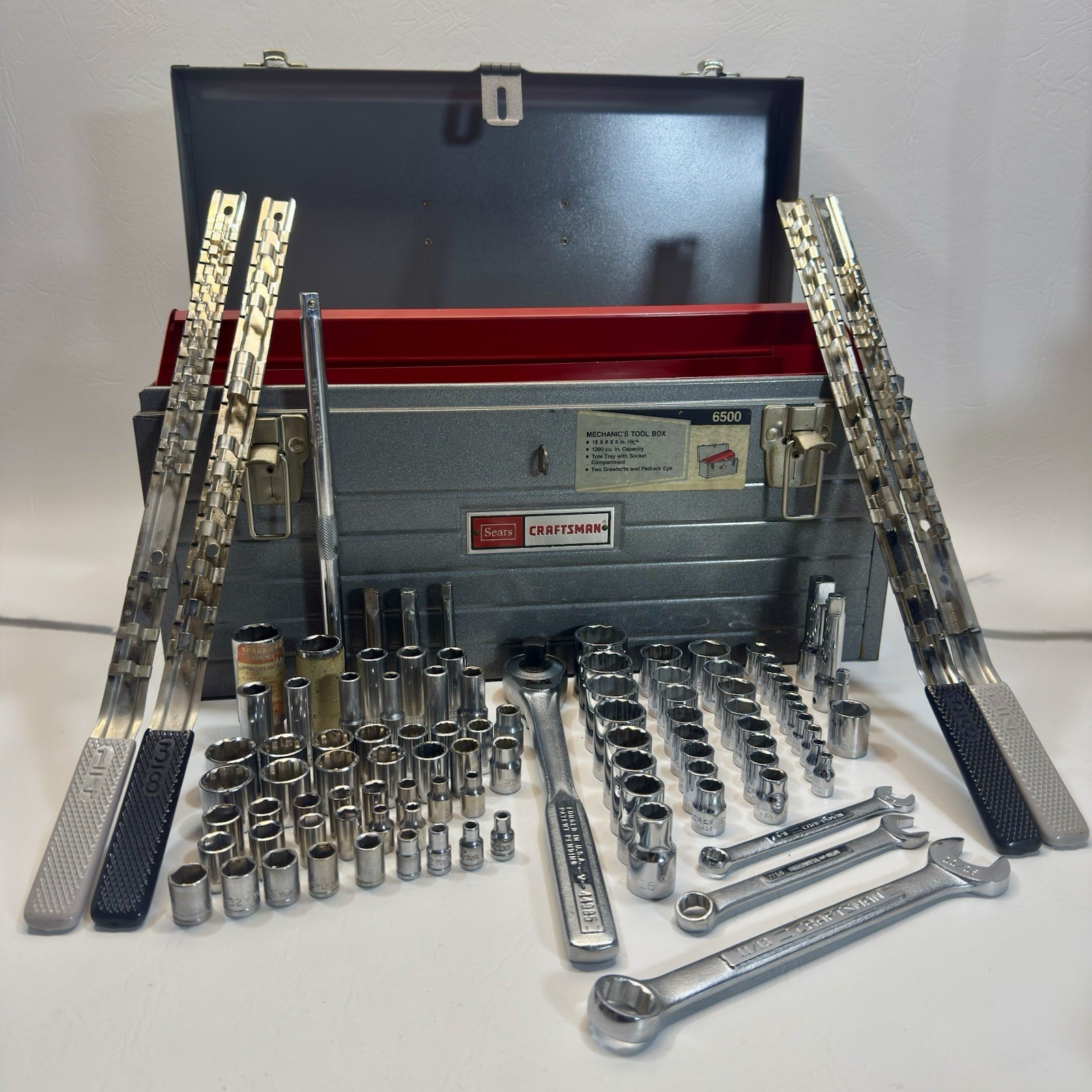 Vintage Sears Craftsman 6500 Tool Box w/USA -G-V-VV- Socket Wrench - 100 Pieces