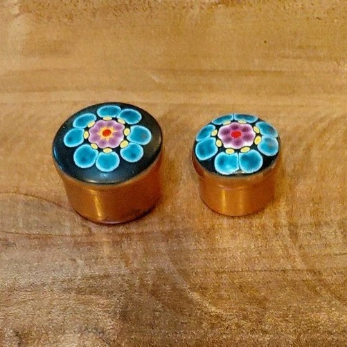 Vintage Round Copper Trinket / Pill Boxes With Enameled Lids From Chile Vintage Round Copper Trinket / Pill Boxes With Enameled Lids From Chile