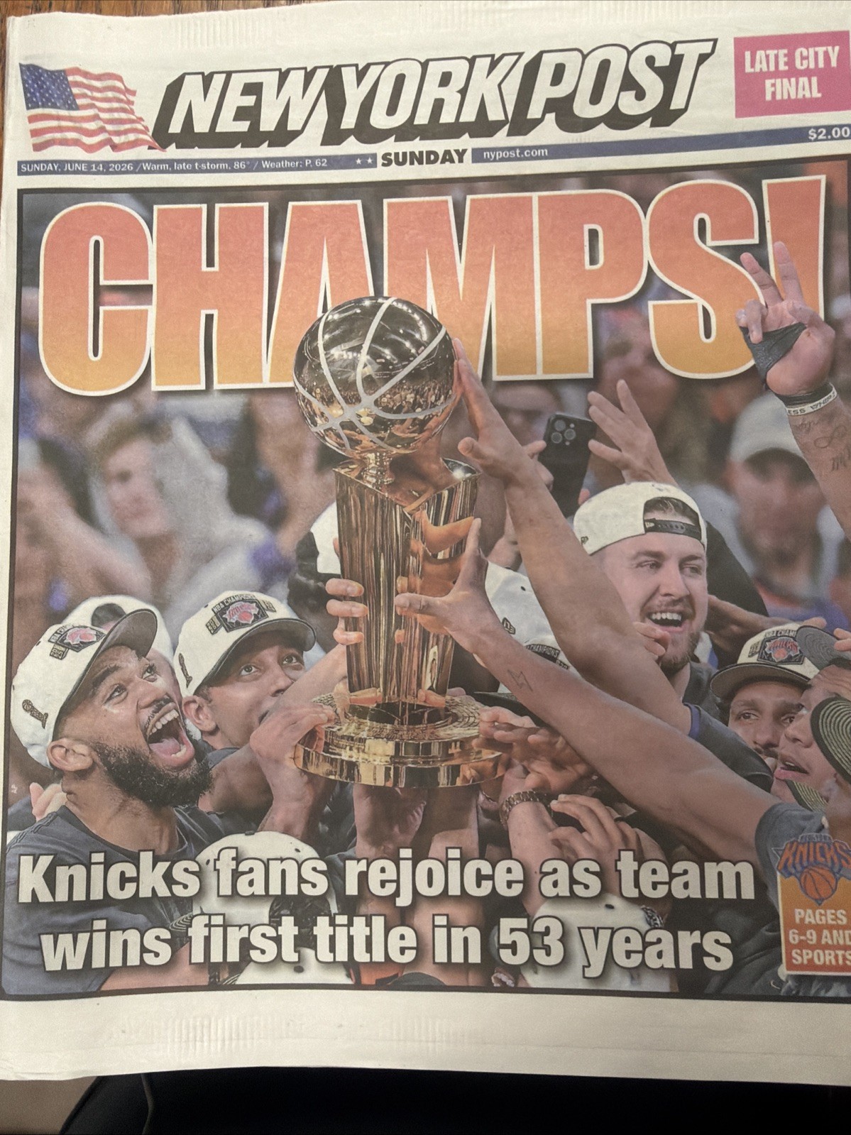 NY  Post NY Knicks  June14th  Highly Collectible