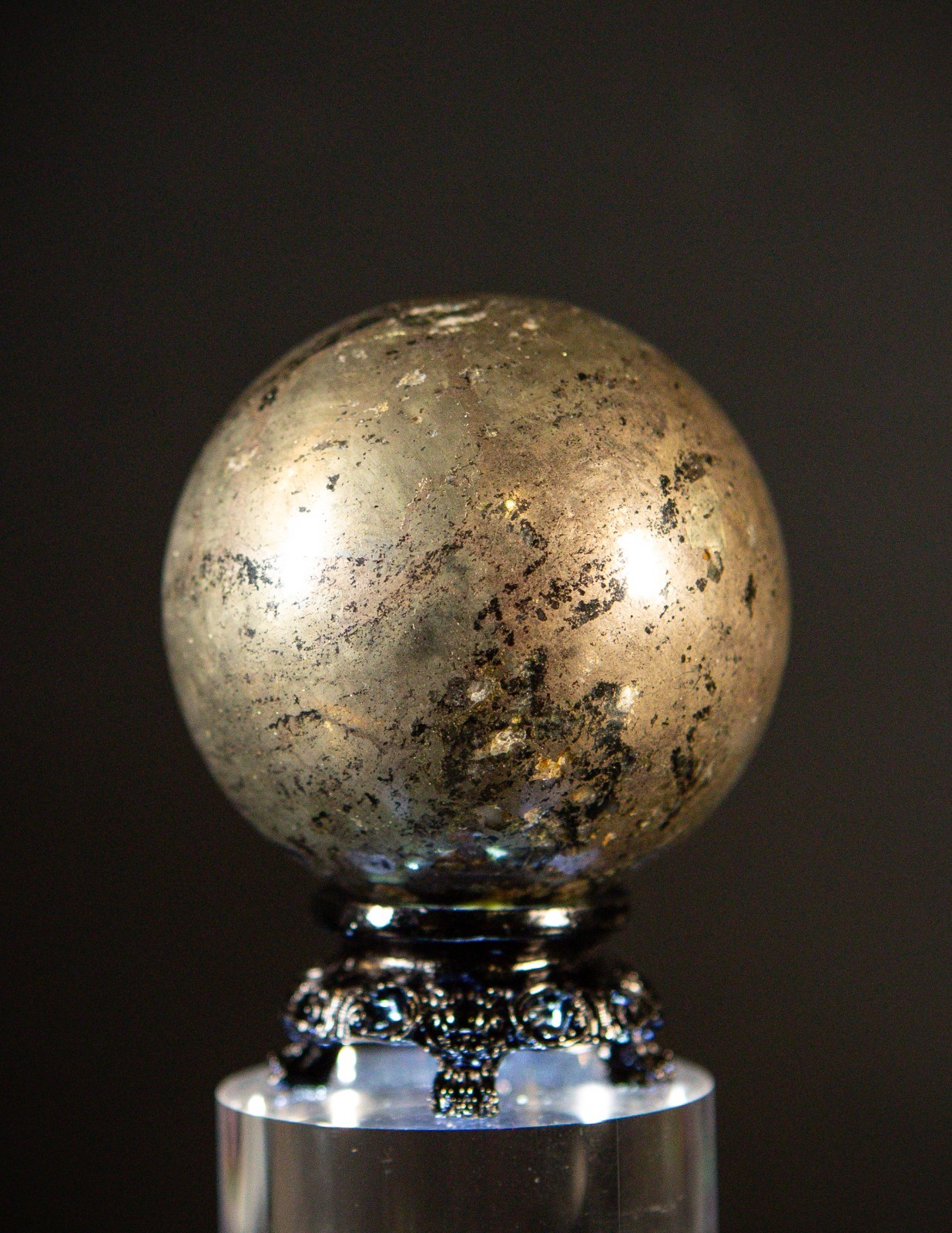 62mm Natural Pyrite Sphere 520g + Black Ornate Stand Crystal Ball Mineral Specim